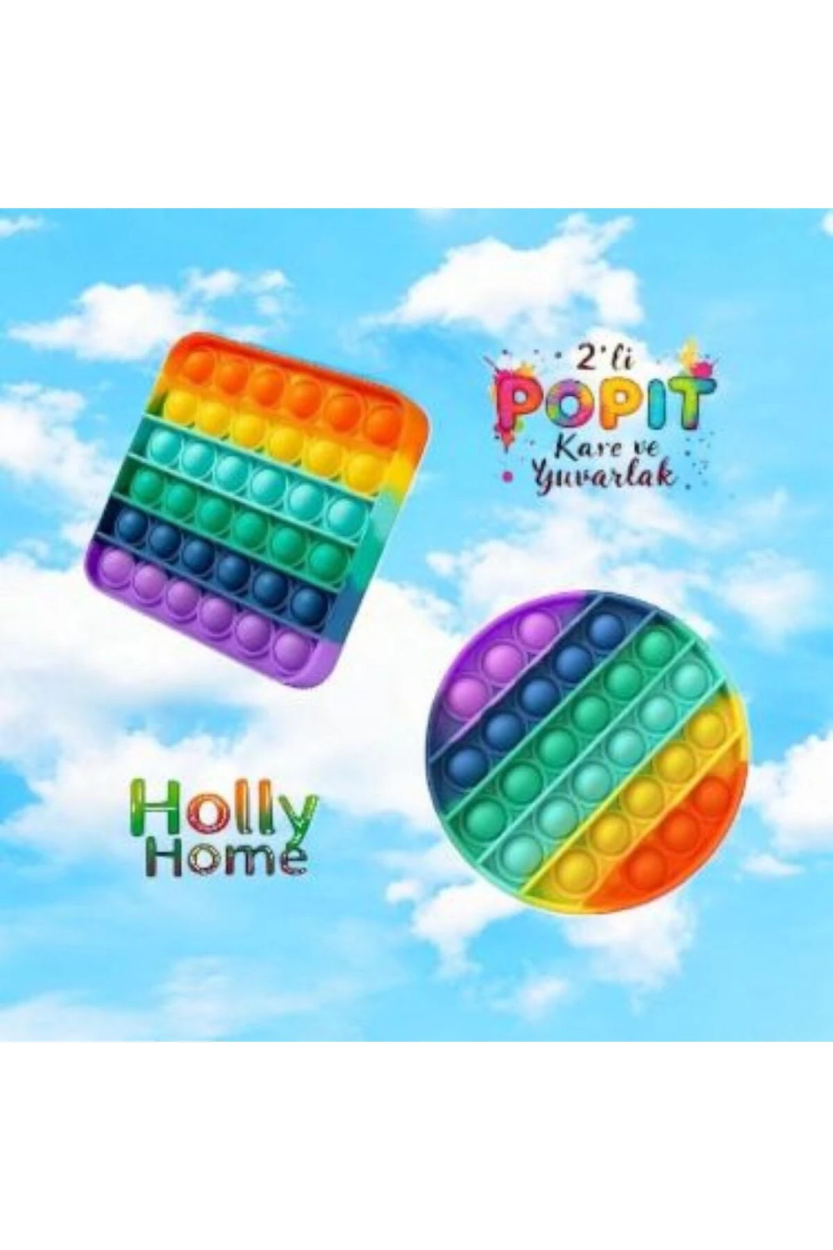 2'li Pop It Kare- Yuvarlak Şekilli Gökkuşağı Renk Duyusal Oyuncak Zihinsel Gelişim Stres Popit 2 Ad