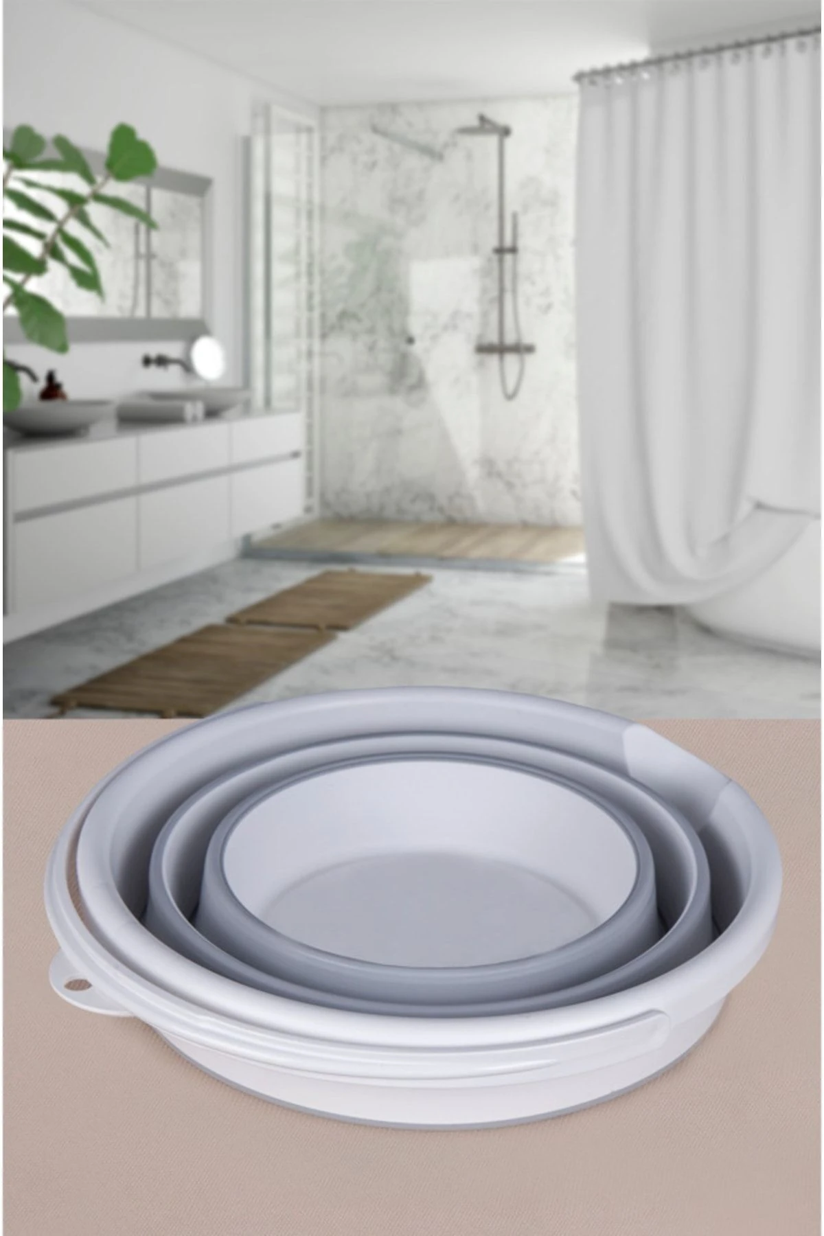 2'li Katlanabilir Kova - Maşrapa Seti Katlanır Akordiyon Su Kovası Ve Maşrapa Seti Banyo Açık Gri