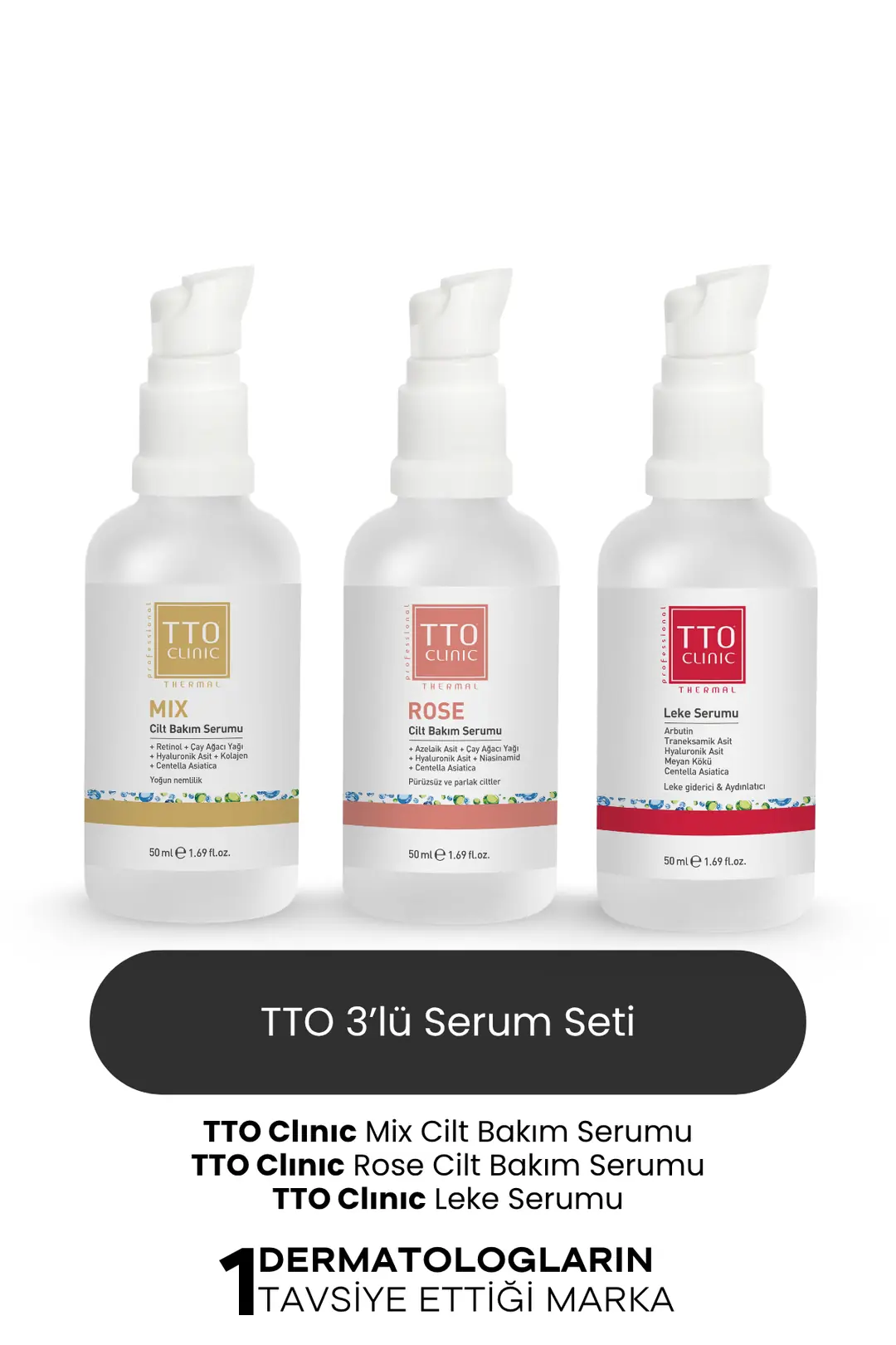 TTO Clinic Cilt Bakım Serum Seti 3’lü Yatıştırıcı ve Aydınlatıcı Etki (Rose, Mix, Leke Serumu)