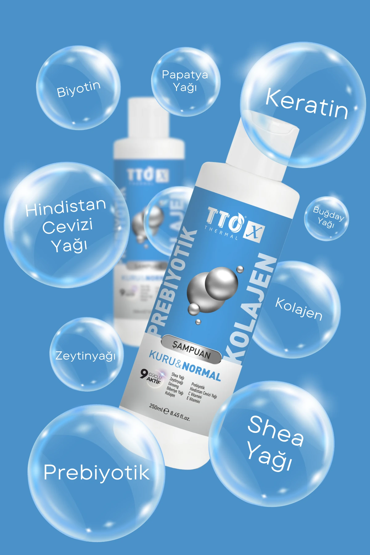 TTO-X Prebiyotik & Kolajen Kuru ve Normal Saçlar Şampuan 250ml (Glycerin,Maltodextrin,Triethanolamine)