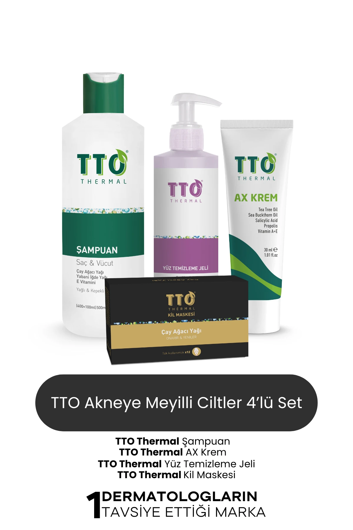 TTO Akneye Meyilli Ciltler İçin 3’lü Bakım Seti – Çay Ağacı Yağı İçerikli Temizlik ve Nem Desteği