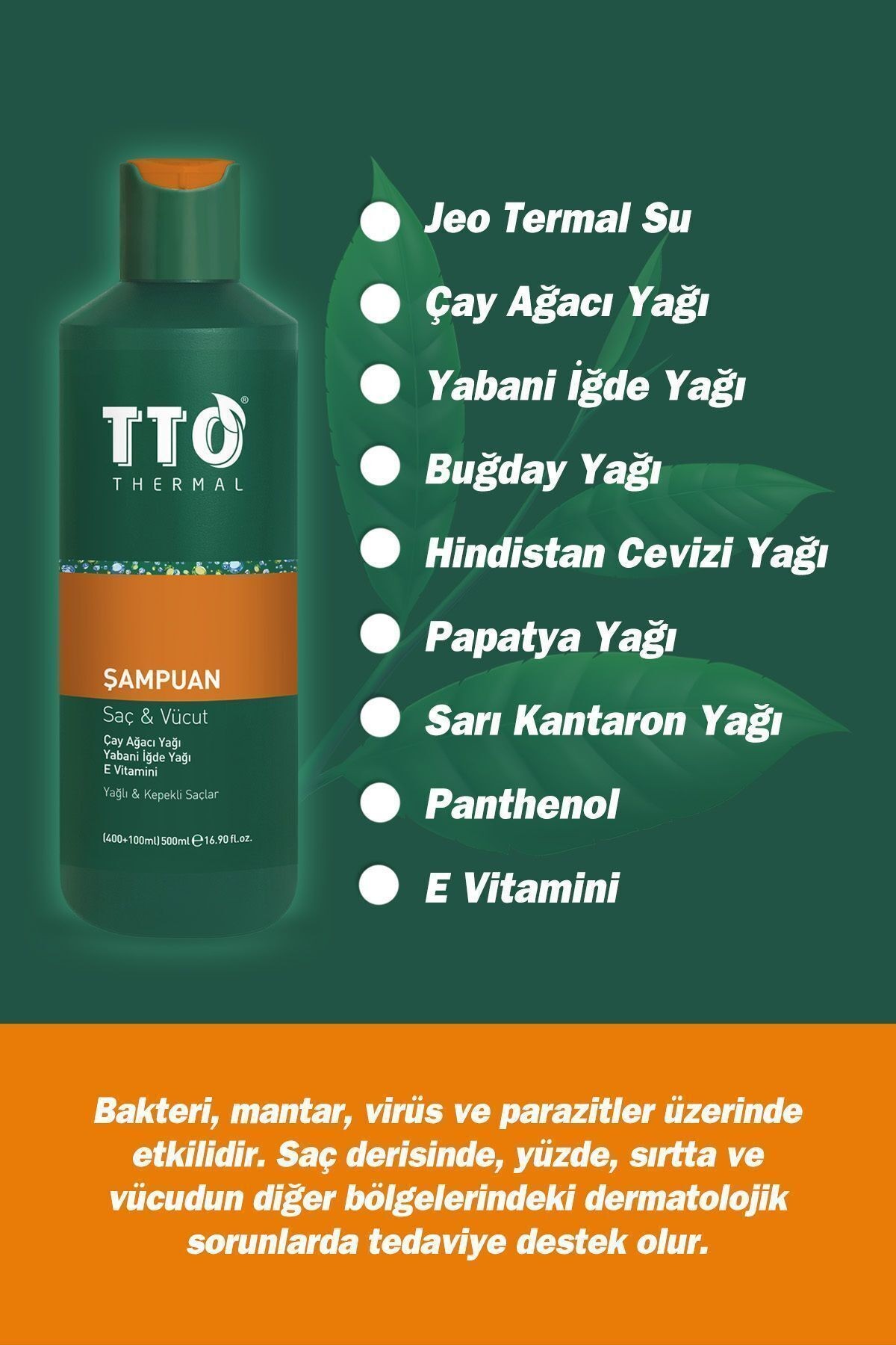 TTO Saç Ve Vücut Şampuanı 500 ml Yeşil Kepek Kaşıntı Pullanma (Çay Ağacı Yağı / Tea Tree Oıl)