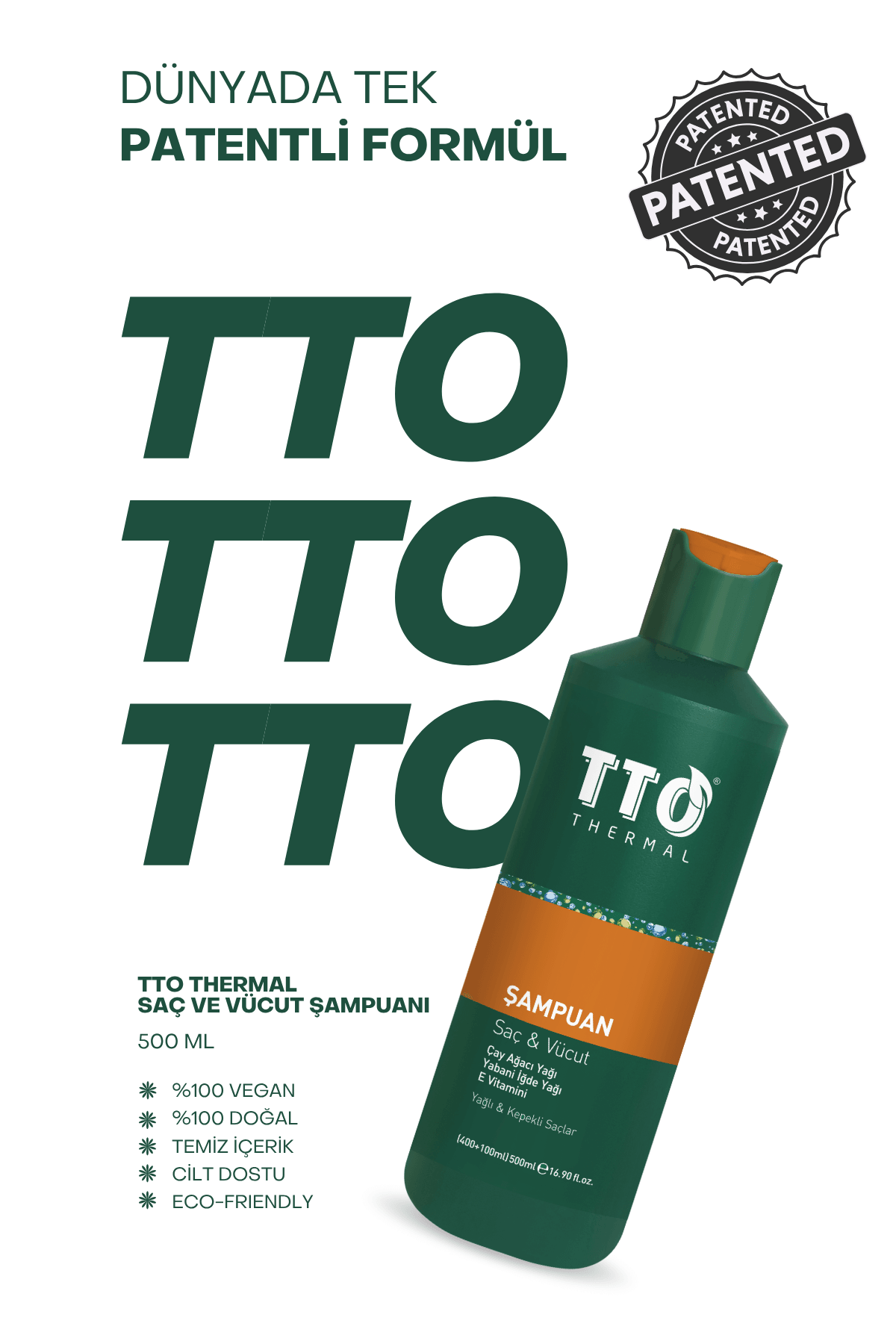 TTO Saç Ve Vücut Şampuanı 500 ml Yeşil Kepek Kaşıntı Pullanma (Çay Ağacı Yağı / Tea Tree Oıl)