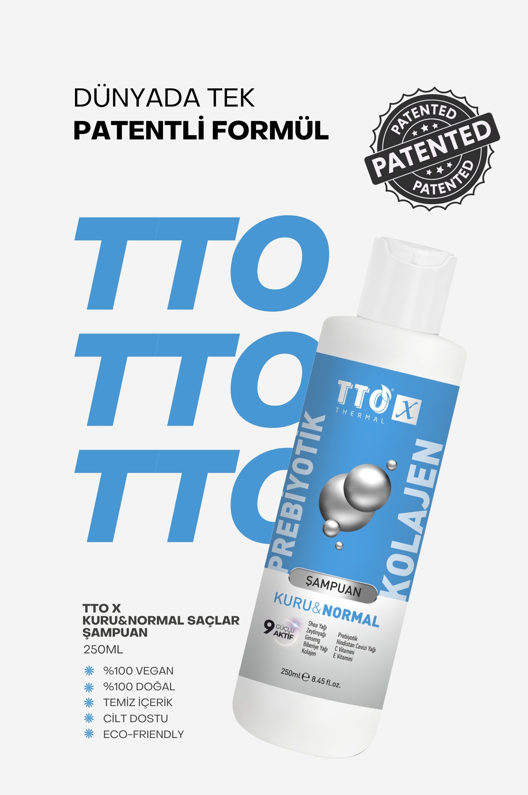TTO-X Prebiyotik & Kolajen Kuru ve Normal Saçlar Şampuan 250ml (Glycerin,Maltodextrin,Triethanolamine)