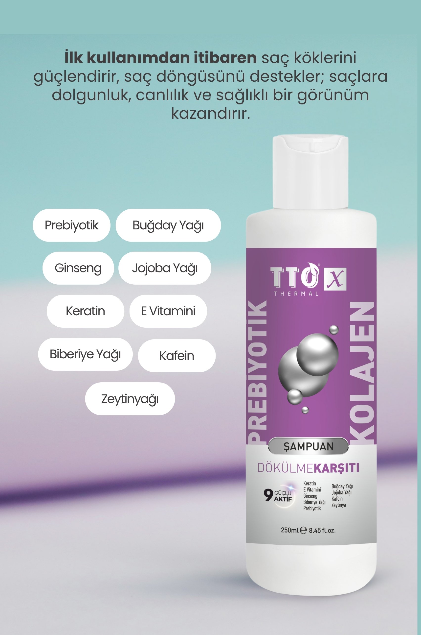 TTO-X Prebiyotik & Kolajen Dökülme Karşıtı Şampuan 250ml (Cocamidopropyl,Betaine,Glycerin)