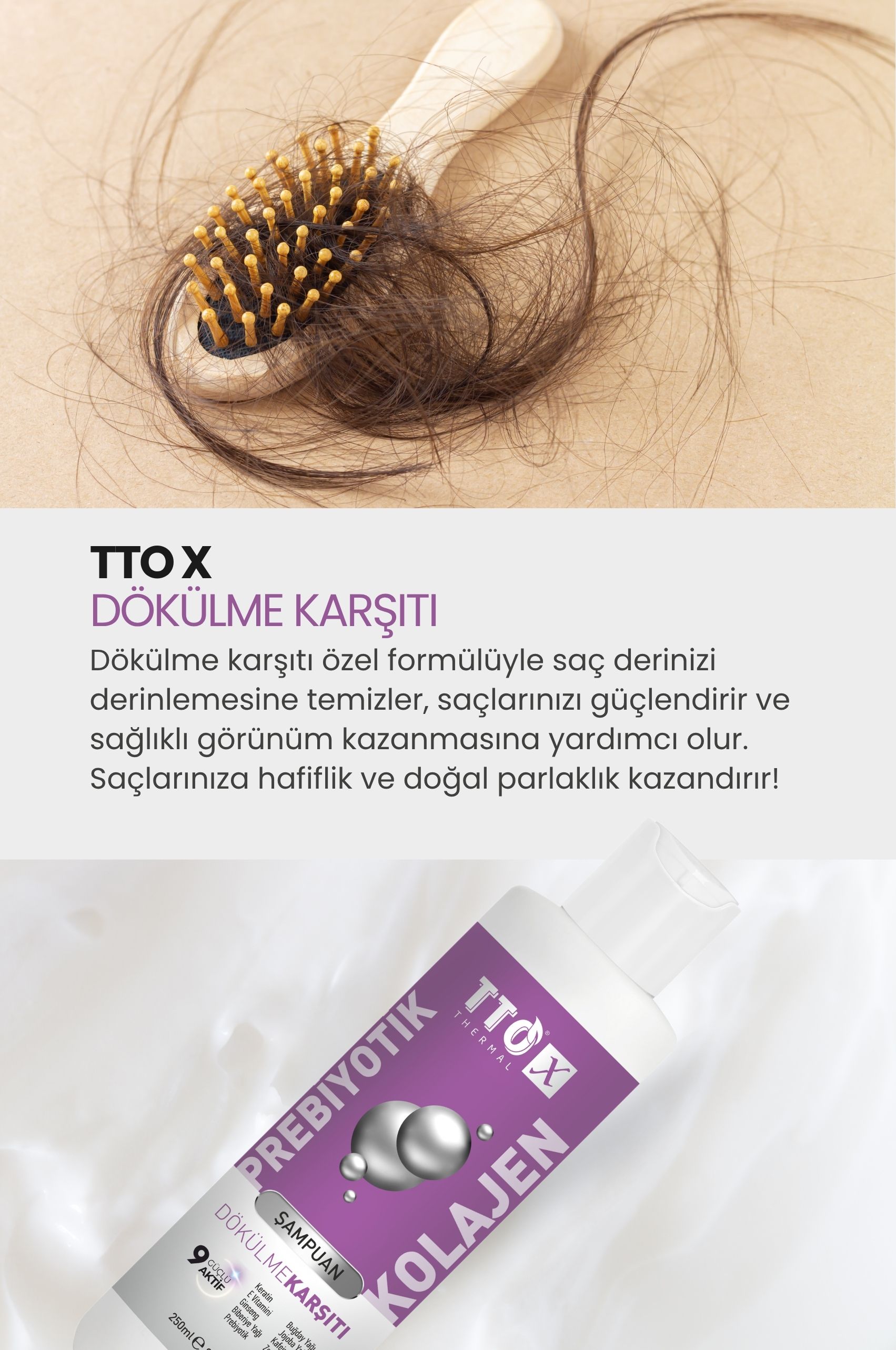 TTO-X Prebiyotik & Kolajen Dökülme Karşıtı Şampuan 250ml (Cocamidopropyl,Betaine,Glycerin)