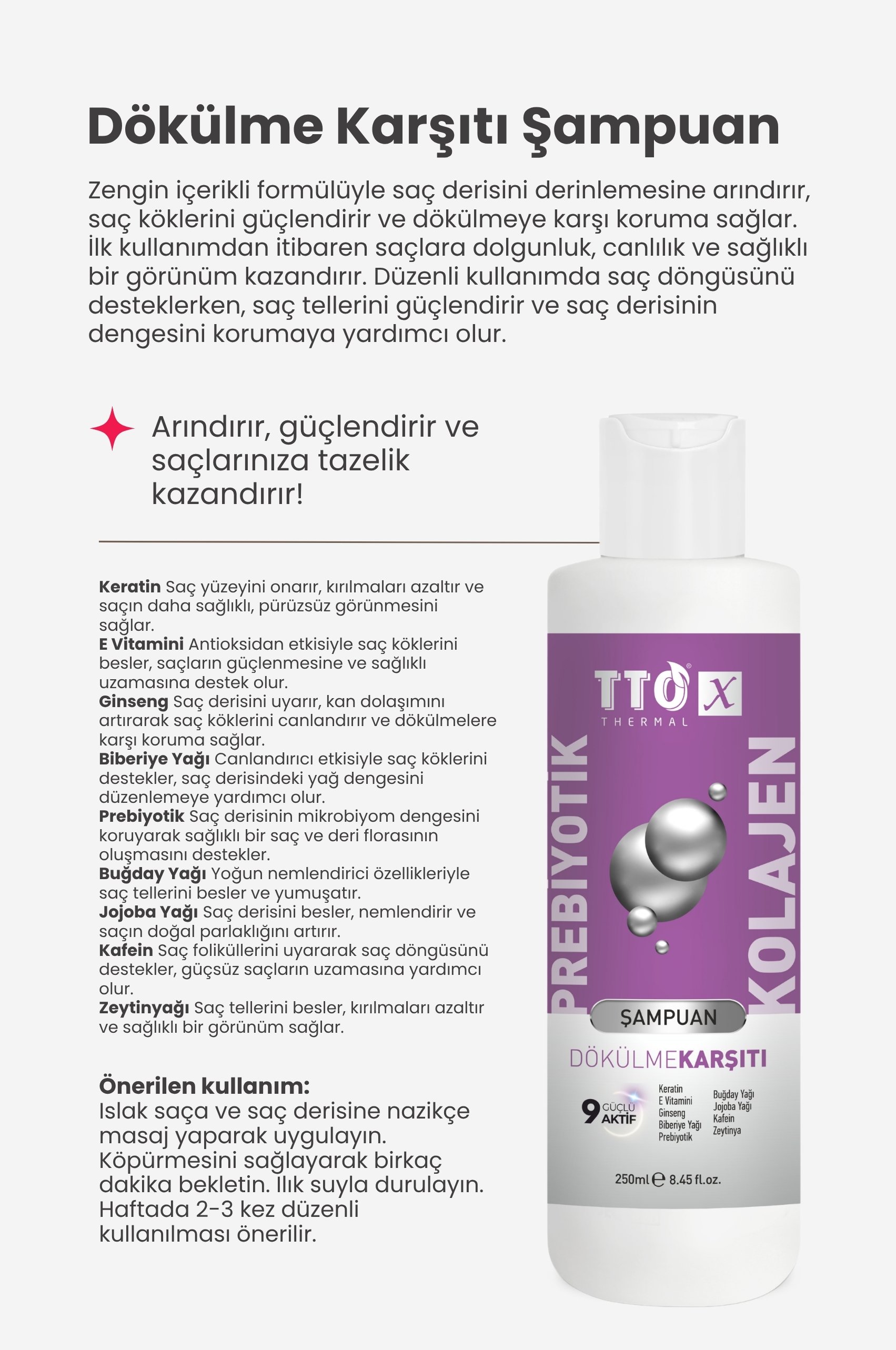 TTO-X Prebiyotik & Kolajen Dökülme Karşıtı Şampuan 250ml (Cocamidopropyl,Betaine,Glycerin)