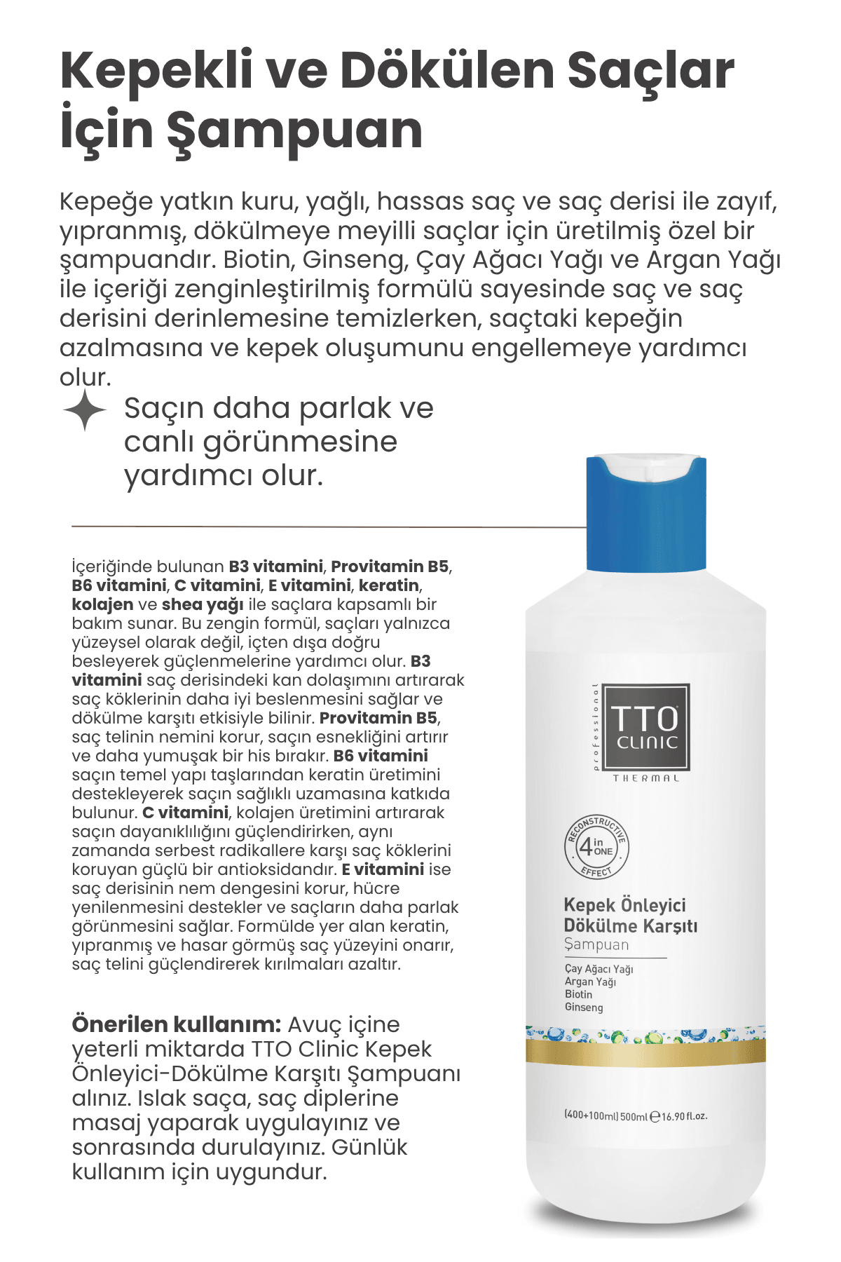 TTO Clınıc Kepek Önleyici Dökülme Karşıtı Şampuan 400 ml ( Çay Ağacı Yağı / Tea Tree Oil )