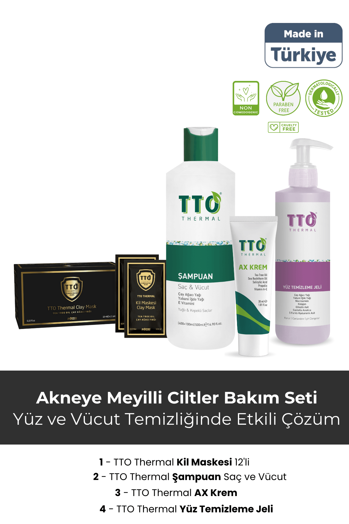 TTO Akneye Meyilli Ciltler İçin 3’lü Bakım Seti – Çay Ağacı Yağı İçerikli Temizlik ve Nem Desteği
