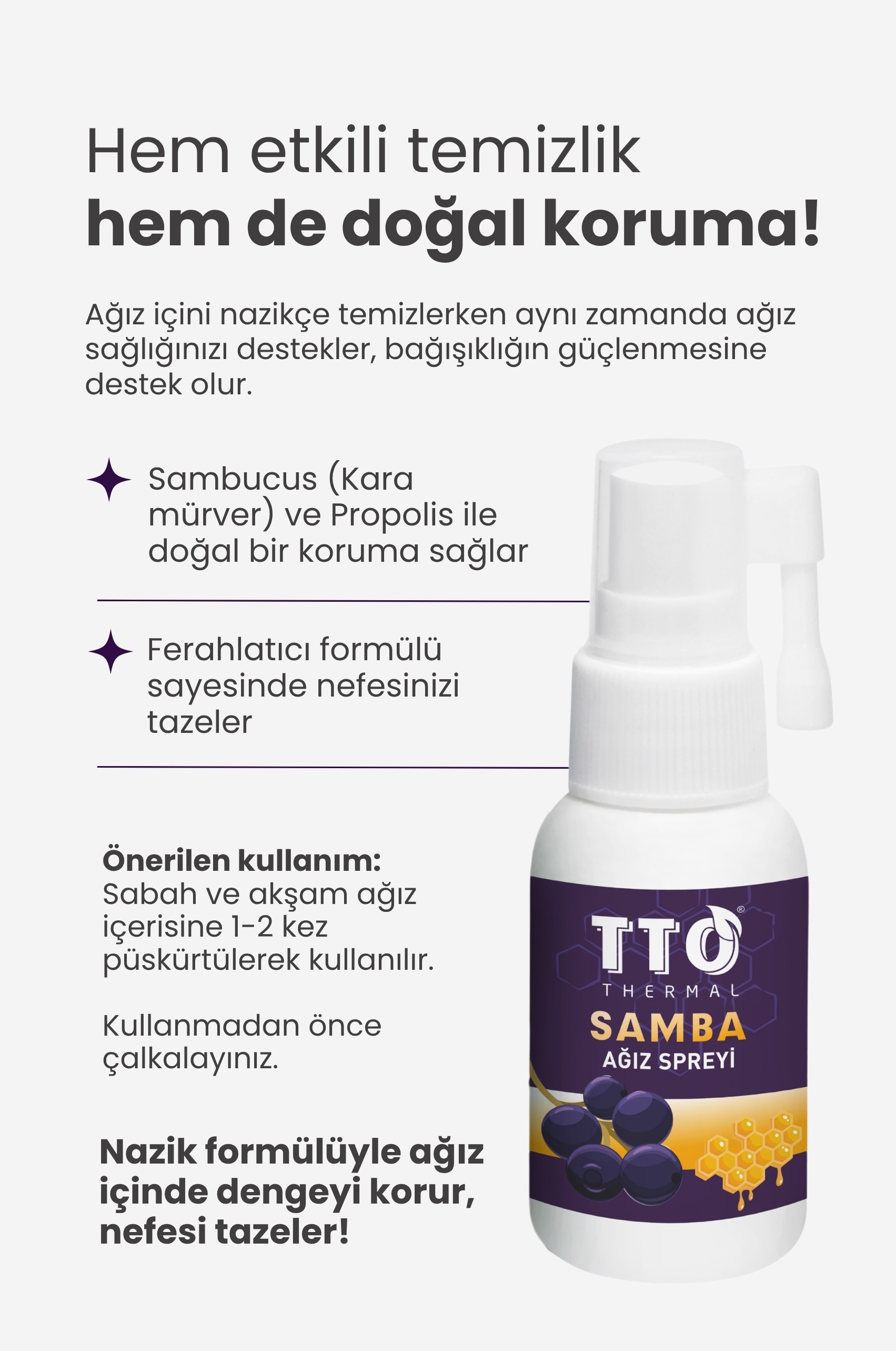 TTO Samba Ağız Spreyi 30 ml (Sambucus, Propolis, Çay Ağacı Yağ, Kara Mürver)