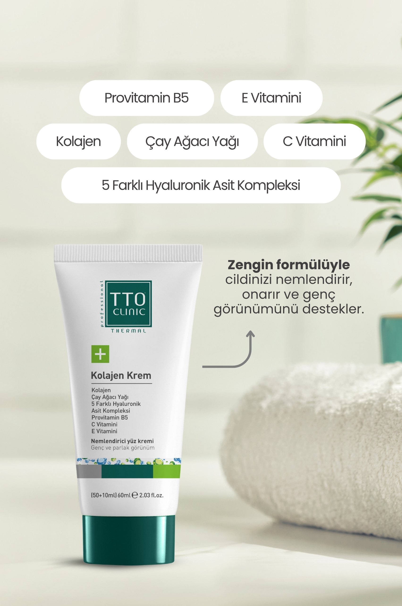TTO Clınıc Kolajen Nemlendirici Yüz Kremi 60 ml Antıagıng Yaşlılık Karşıtı Çay Ağacı Yağı / Hyaluron Asit