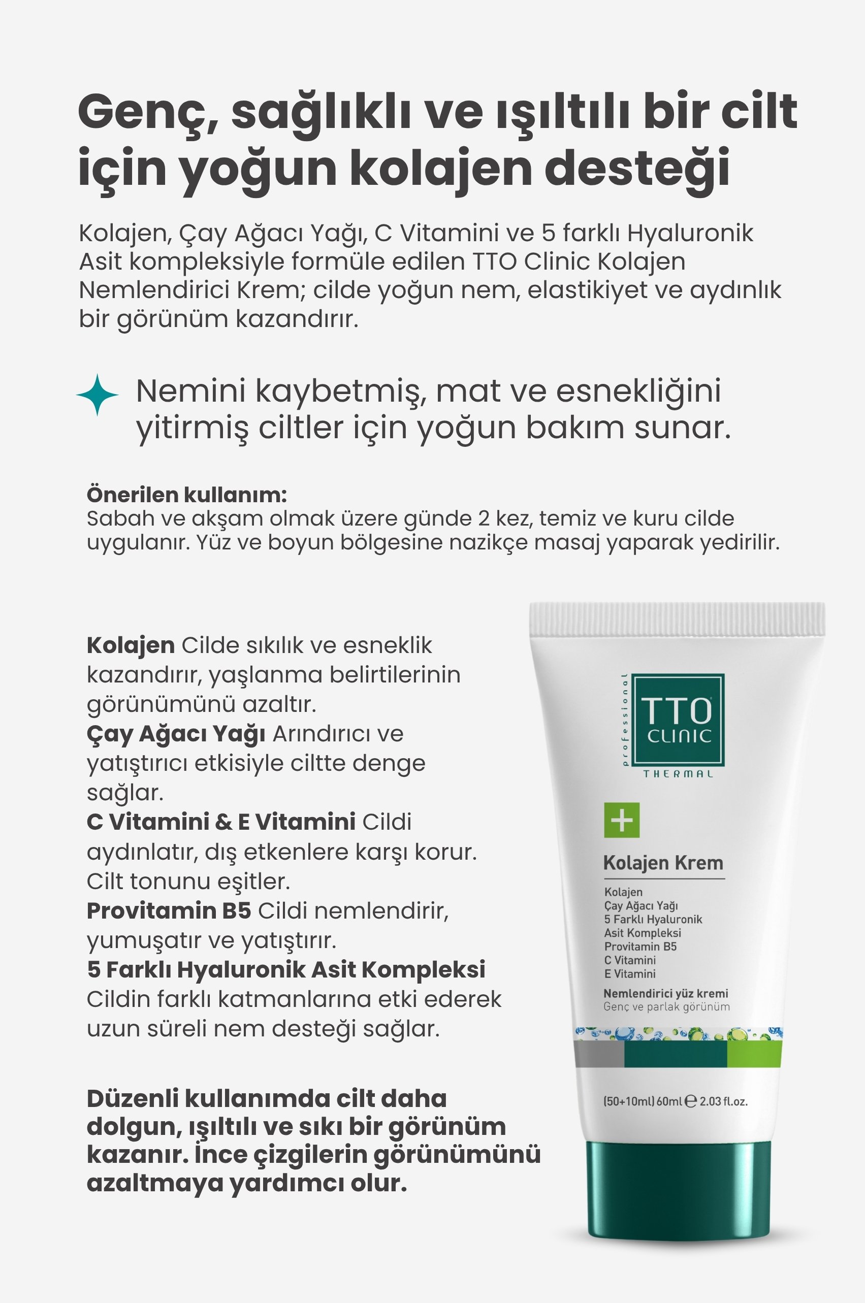 TTO Clınıc Kolajen Nemlendirici Yüz Kremi 60 ml Antıagıng Yaşlılık Karşıtı Çay Ağacı Yağı / Hyaluron Asit