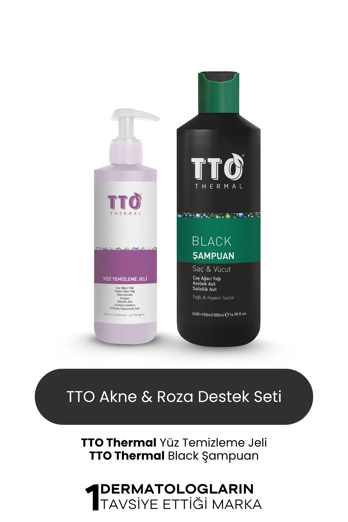 TTO Akne Rozasea Onarıcı Etkili Bakım Seti – Yüz Temizleme Jeli + Black Şampuan