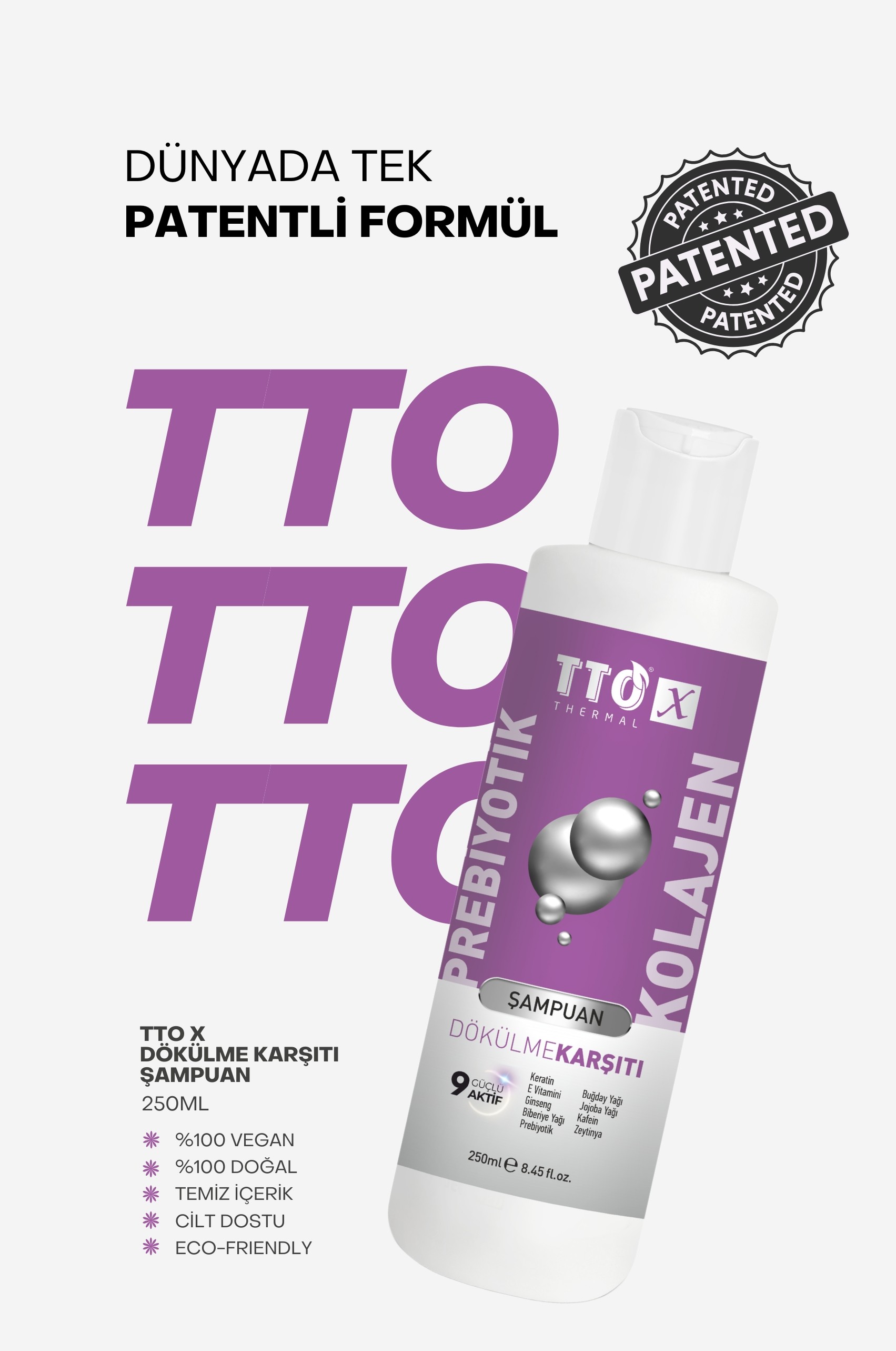 TTO-X Prebiyotik & Kolajen Dökülme Karşıtı Şampuan 250ml (Cocamidopropyl,Betaine,Glycerin)