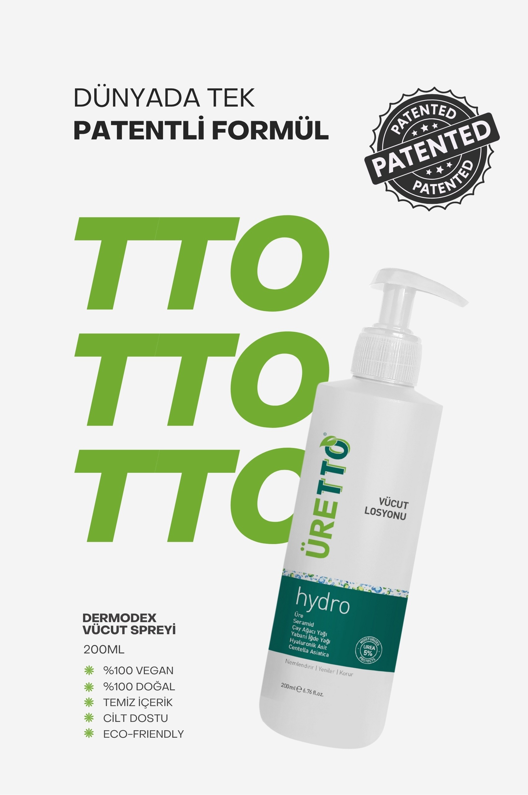 TTO Hydro Vücut Losyonu 200 ml – Üre + Çay Ağacı Yağı + Yoğun Nemlendirme