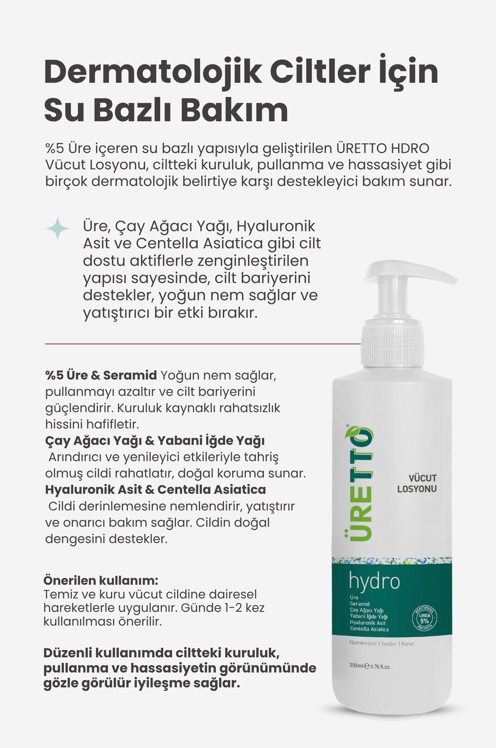TTO Hydro Vücut Losyonu 200 ml – Üre + Çay Ağacı Yağı + Yoğun Nemlendirme