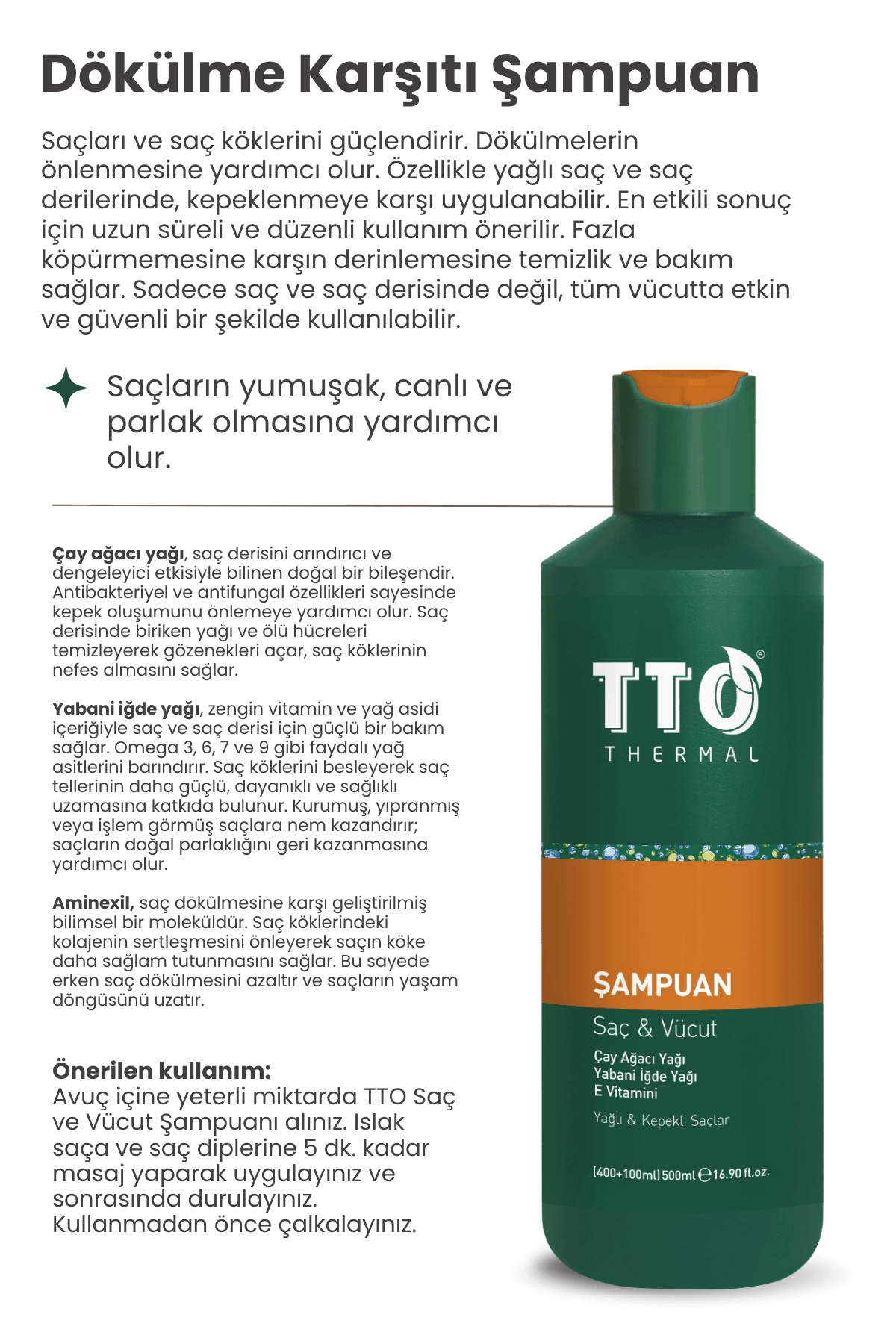TTO Saç Ve Vücut Şampuanı 500 ml Yeşil Kepek Kaşıntı Pullanma (Çay Ağacı Yağı / Tea Tree Oıl)