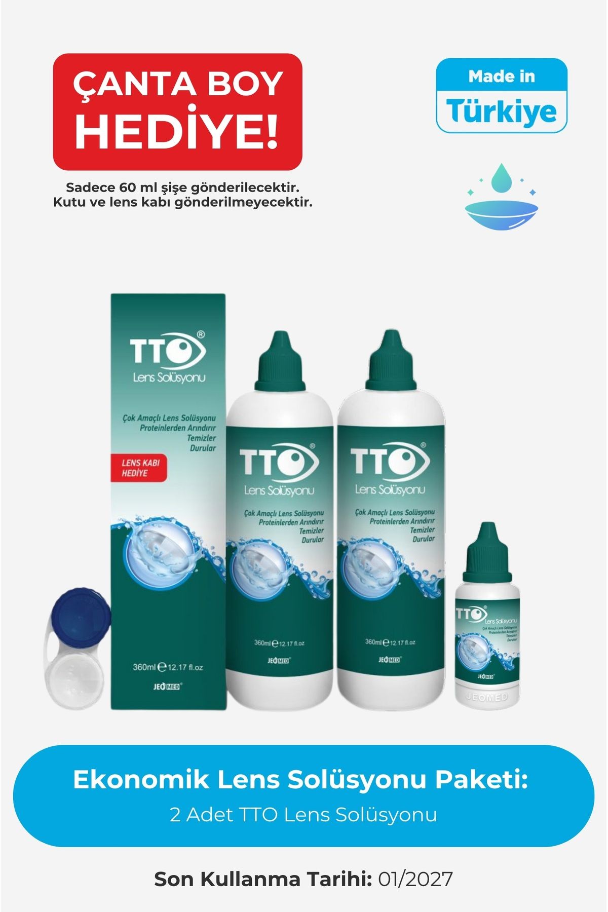 360 ml 2 Adet Lens Solüsyonu Çanta Boy 60 ml Çanta Boy Hediye Son Kullanım Tarihi: 01.2027