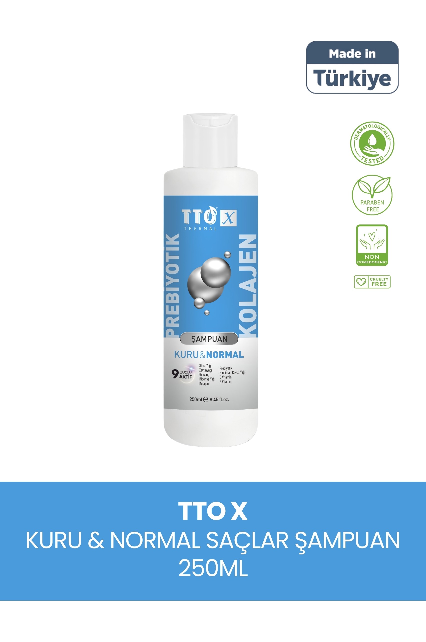 TTO-X Prebiyotik & Kolajen Kuru ve Normal Saçlar Şampuan 250ml (Glycerin,Maltodextrin,Triethanolamine)