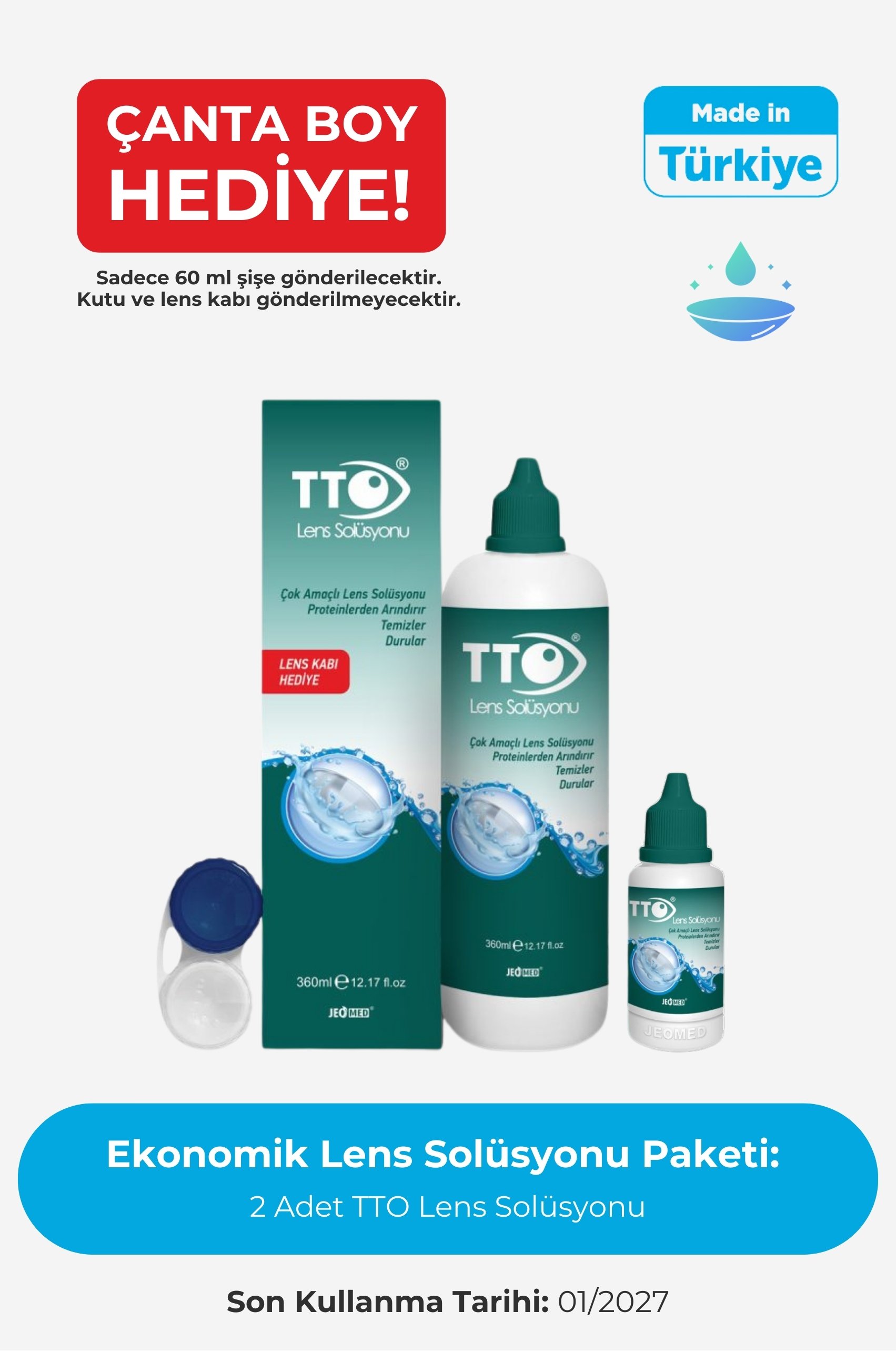 TTO 360 ml Lens Solüsyonu Çanta Boy 60 ml Çanta Boy Hediye Son Kullanım Tarihi: 01.2027