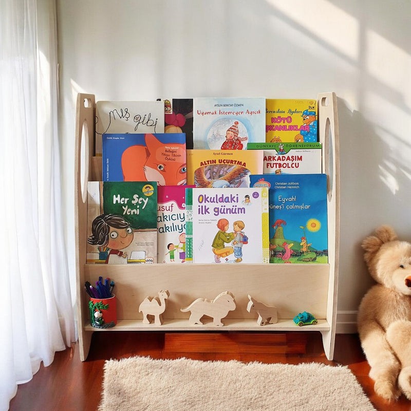 Montessori Ahşap Kitaplık ve Oyuncak Düzenleyici