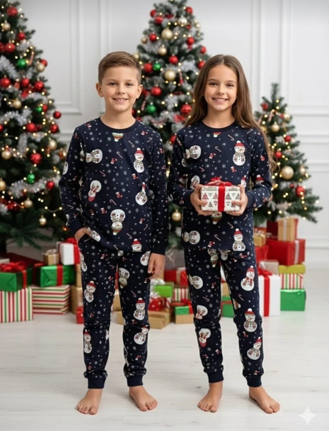 Yılbaşı / yeniyıl unisex kardan adam desenli lacivert çocuk pijama takımı 