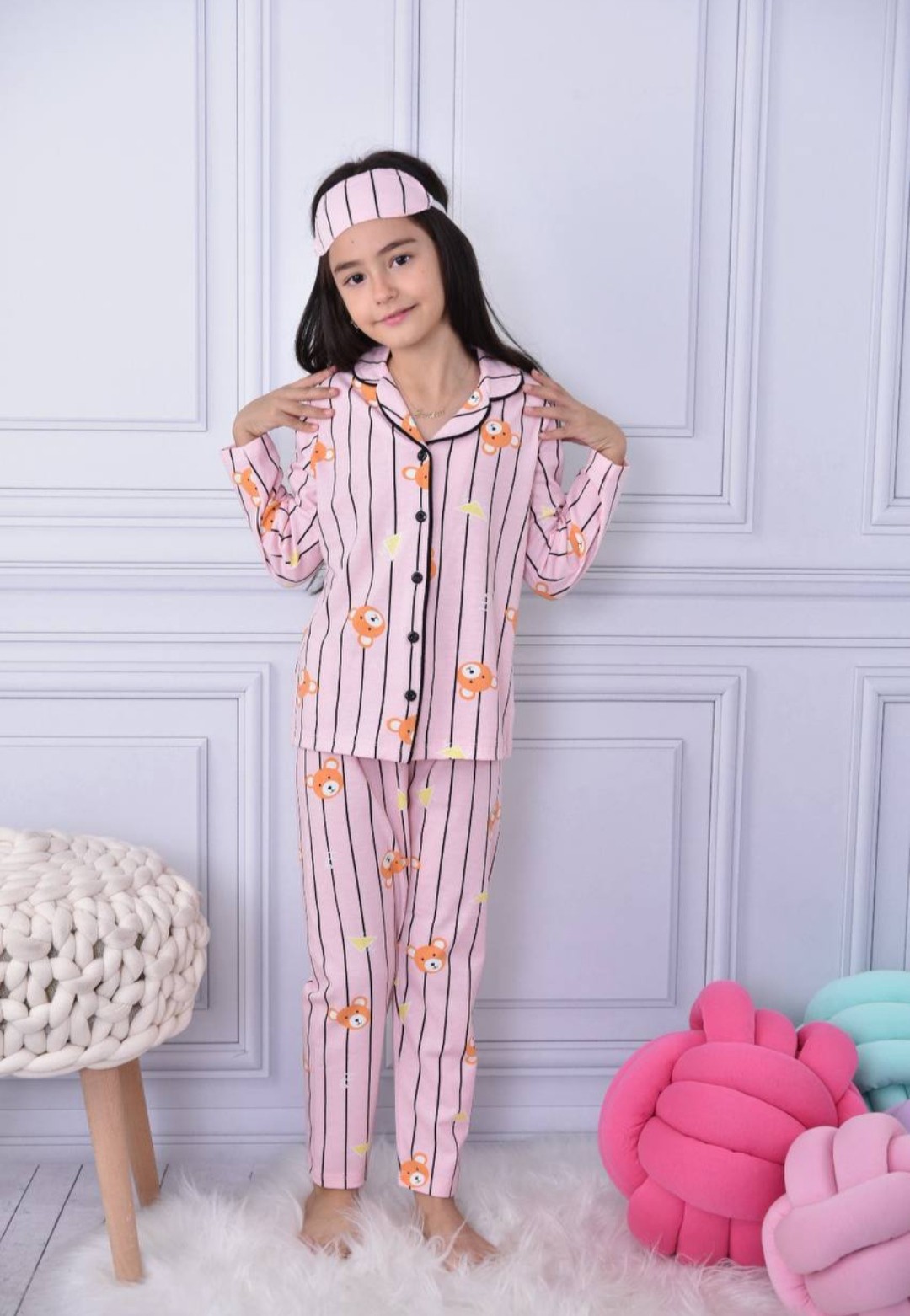 Ayıcık desen gözbandı hediyeli pijama takımı