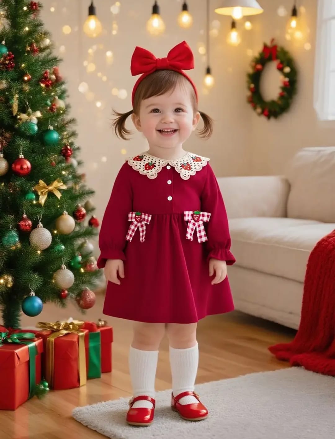 Yeniyıl / yılbaşı çilek detaylı işleme yaka elbise