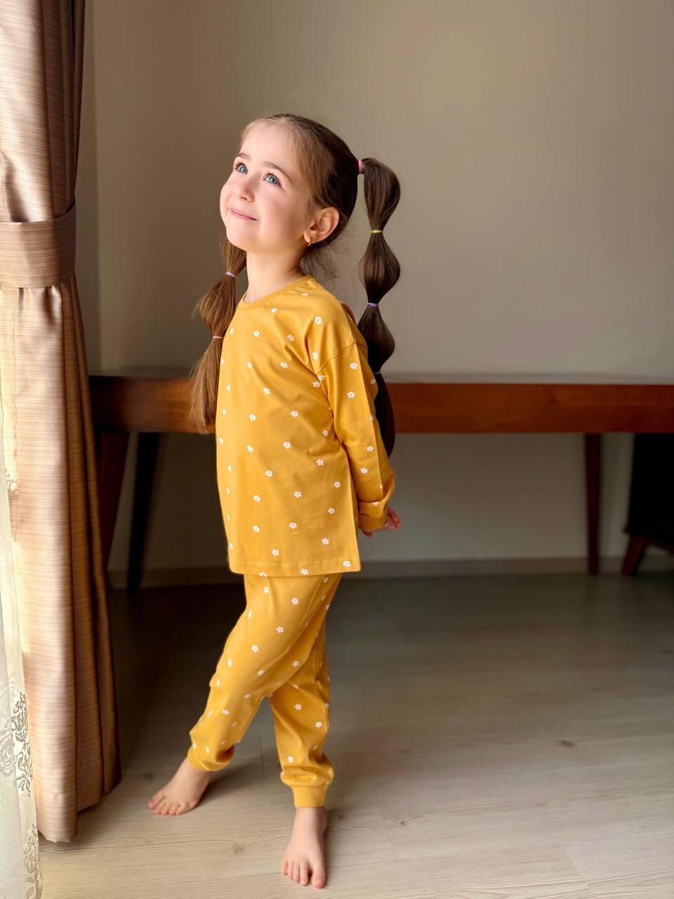 Mini mini çiçek desen sarı pamuk pijama takımı 