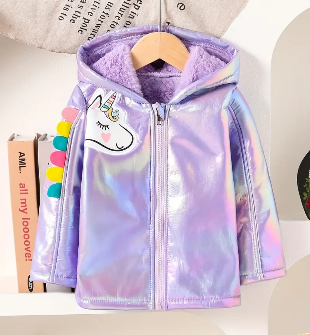 Unicorn temalı içi polar kapşonlu mont