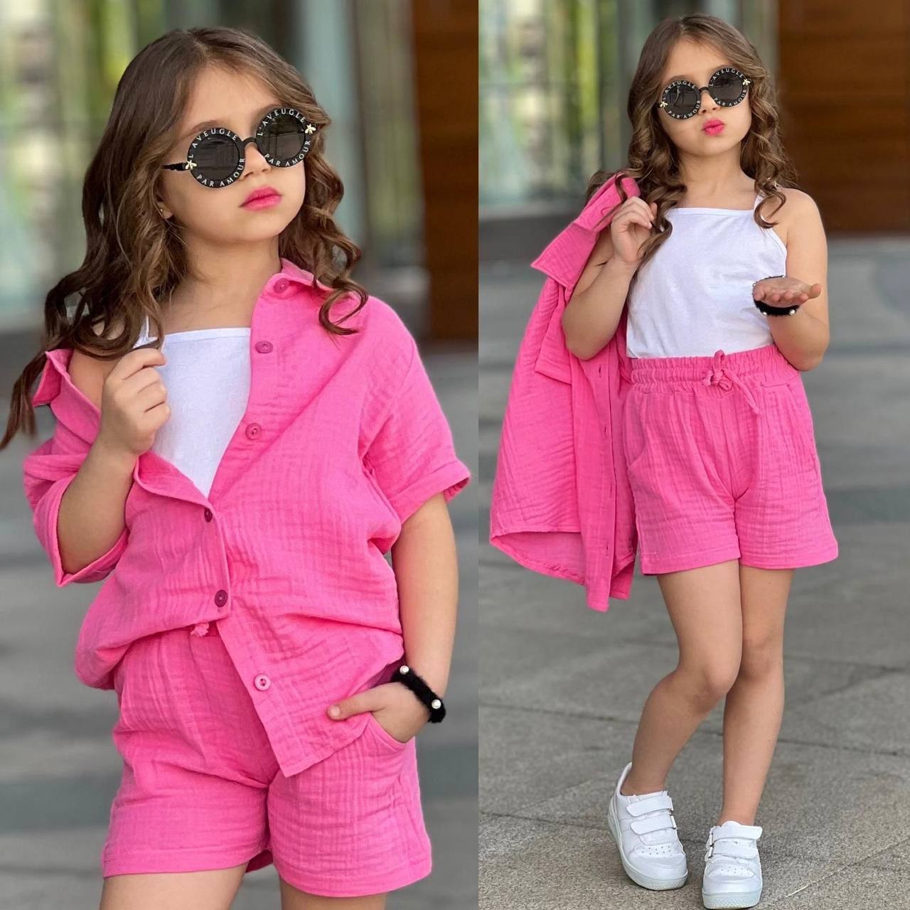 Müslin 3 parçalı pembe takım