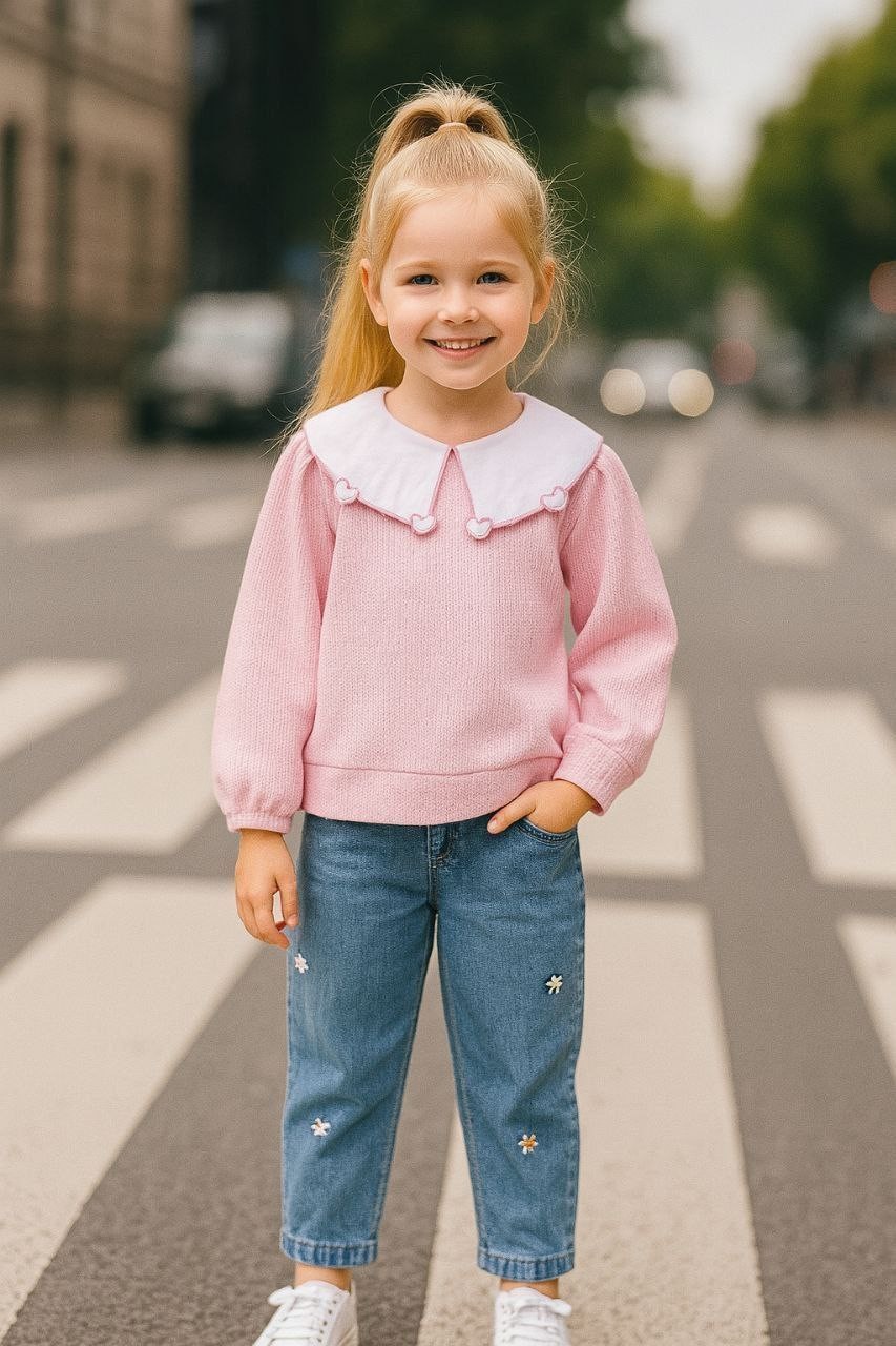 Bebe yaka kalp detay 2li Jean takım pembe 
