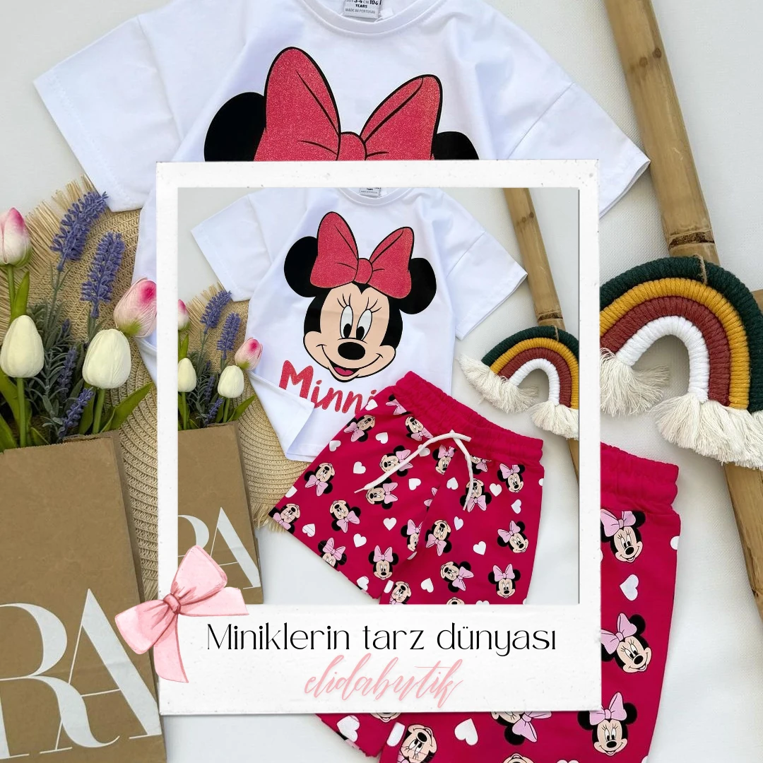 Pembe Minnie baskılı şortlu takım