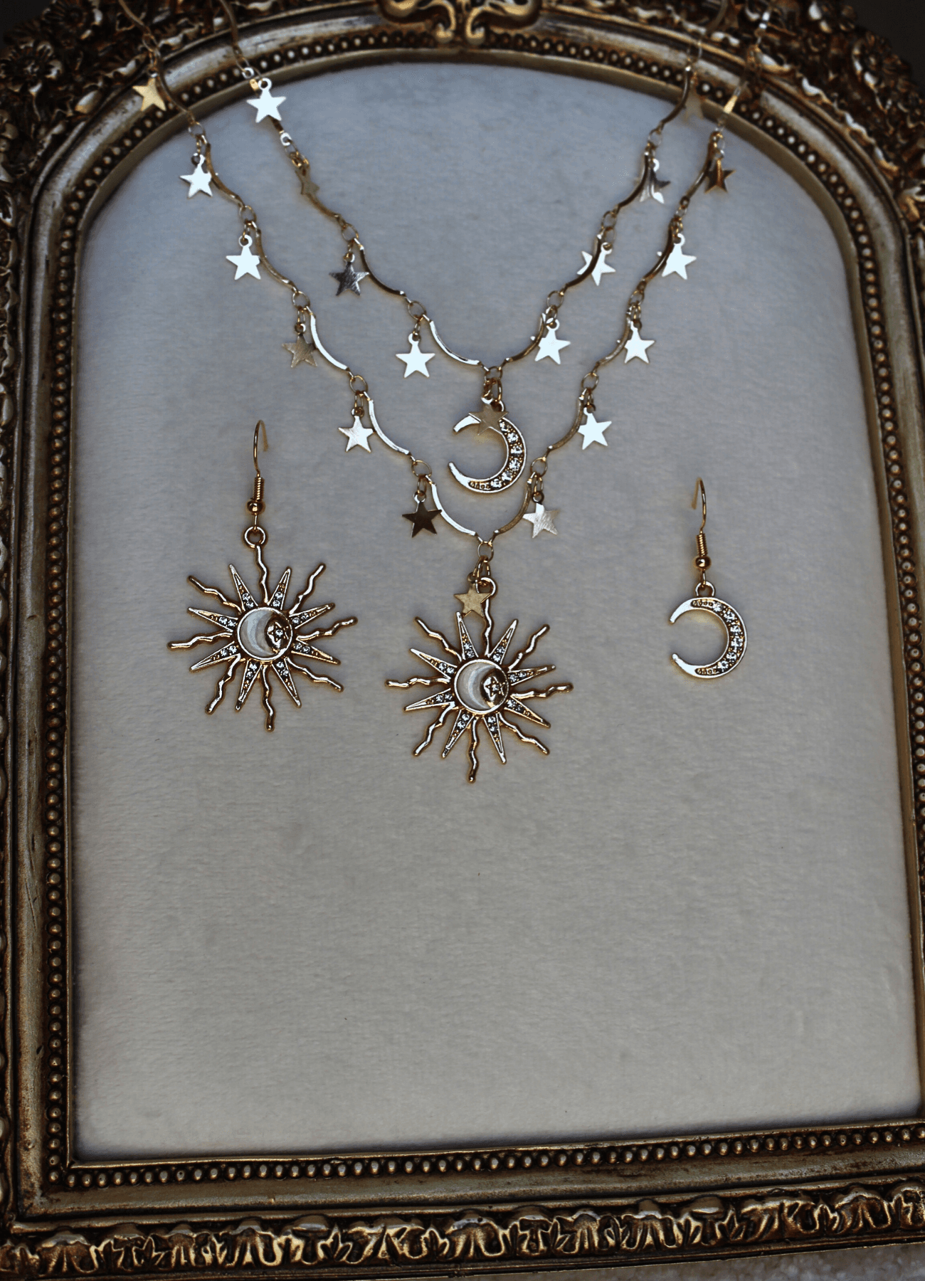 Vintage Zirkon Taşlı Ay Yıldız Güneş Charm Kolye ve Küpe Seti