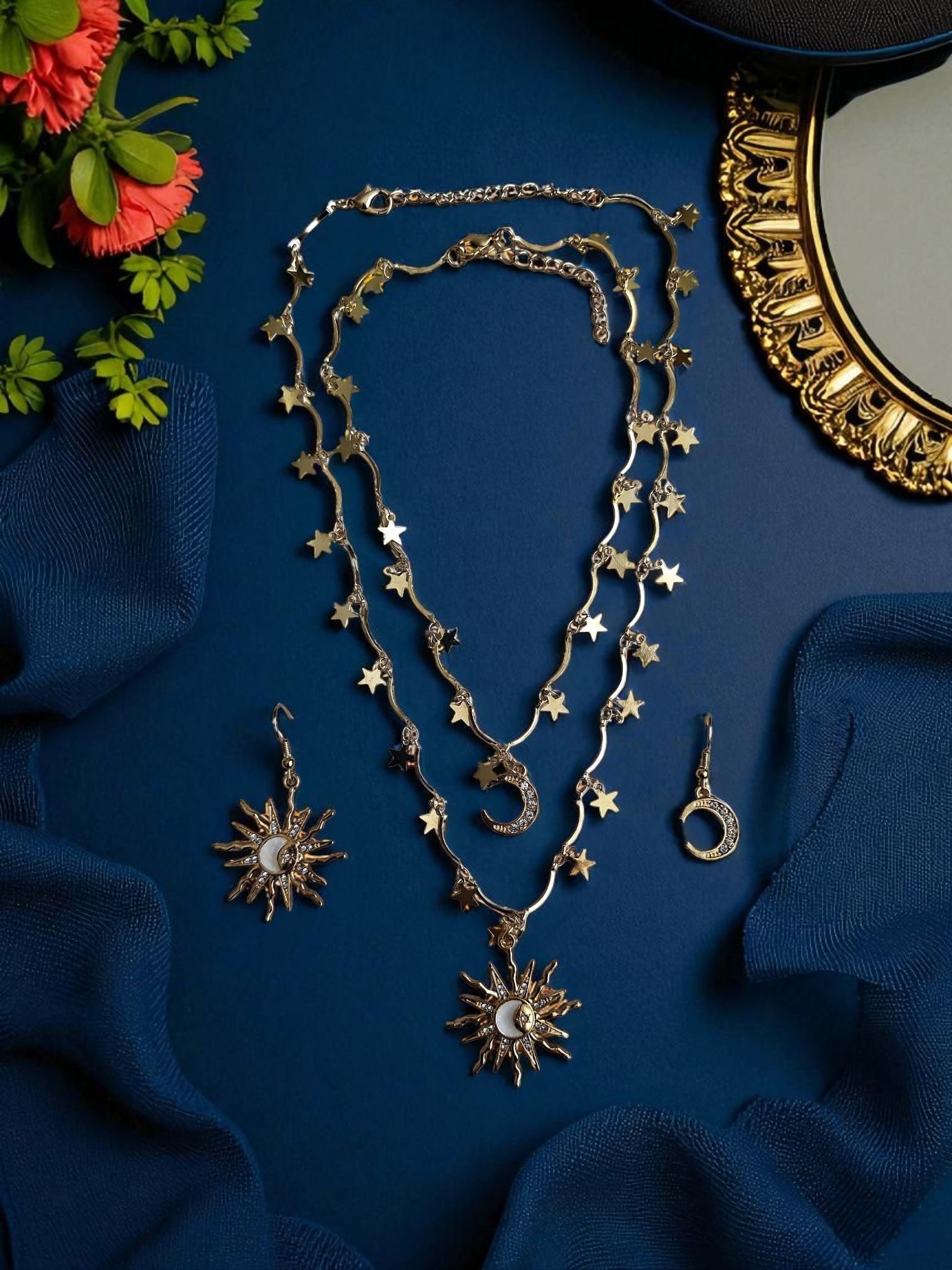 Vintage Zirkon Taşlı Ay Yıldız Güneş Charm Kolye ve Küpe Seti