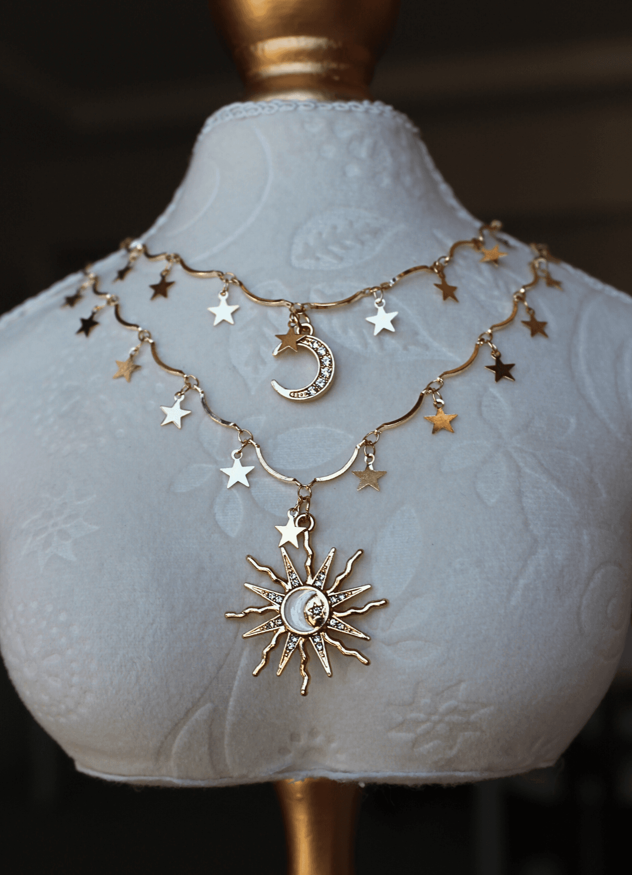 Vintage Zirkon Taşlı Ay Yıldız Güneş Charm Kolye ve Küpe Seti