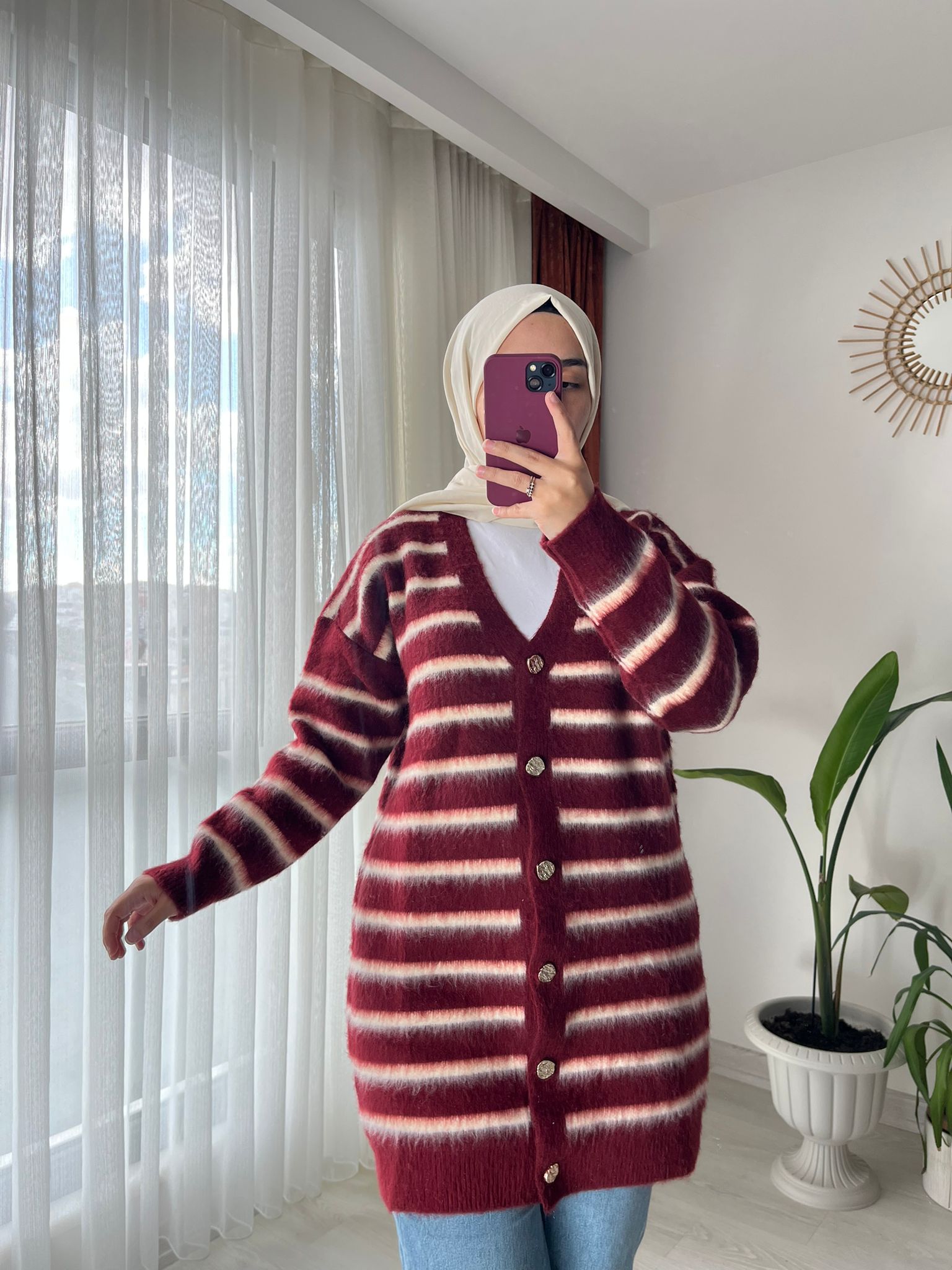 Enine Çizgi Desenli Düğmeli Uzun Hırka - Bordo
