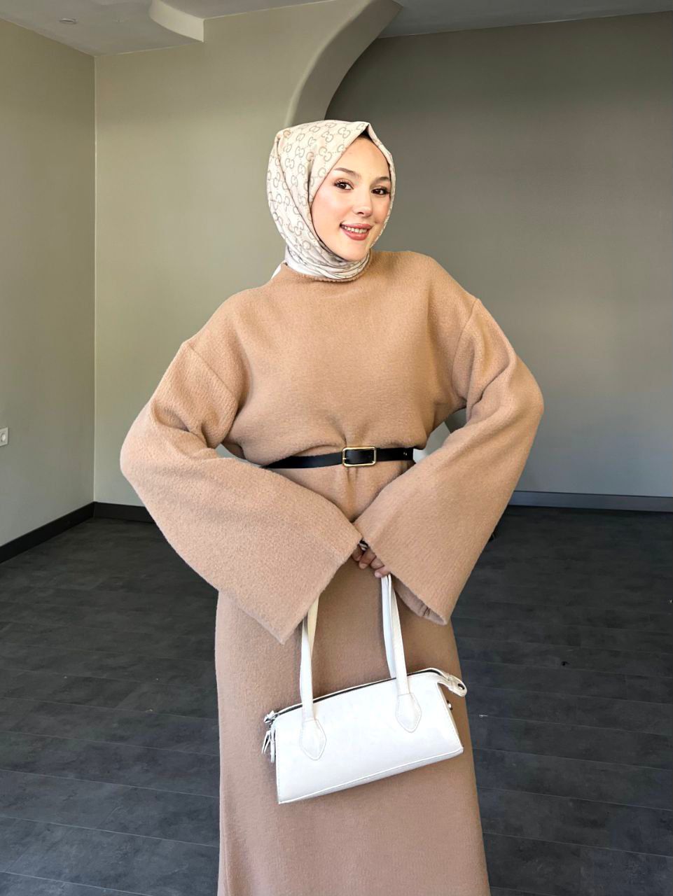 Kemerli Angora Elbise - Vizon