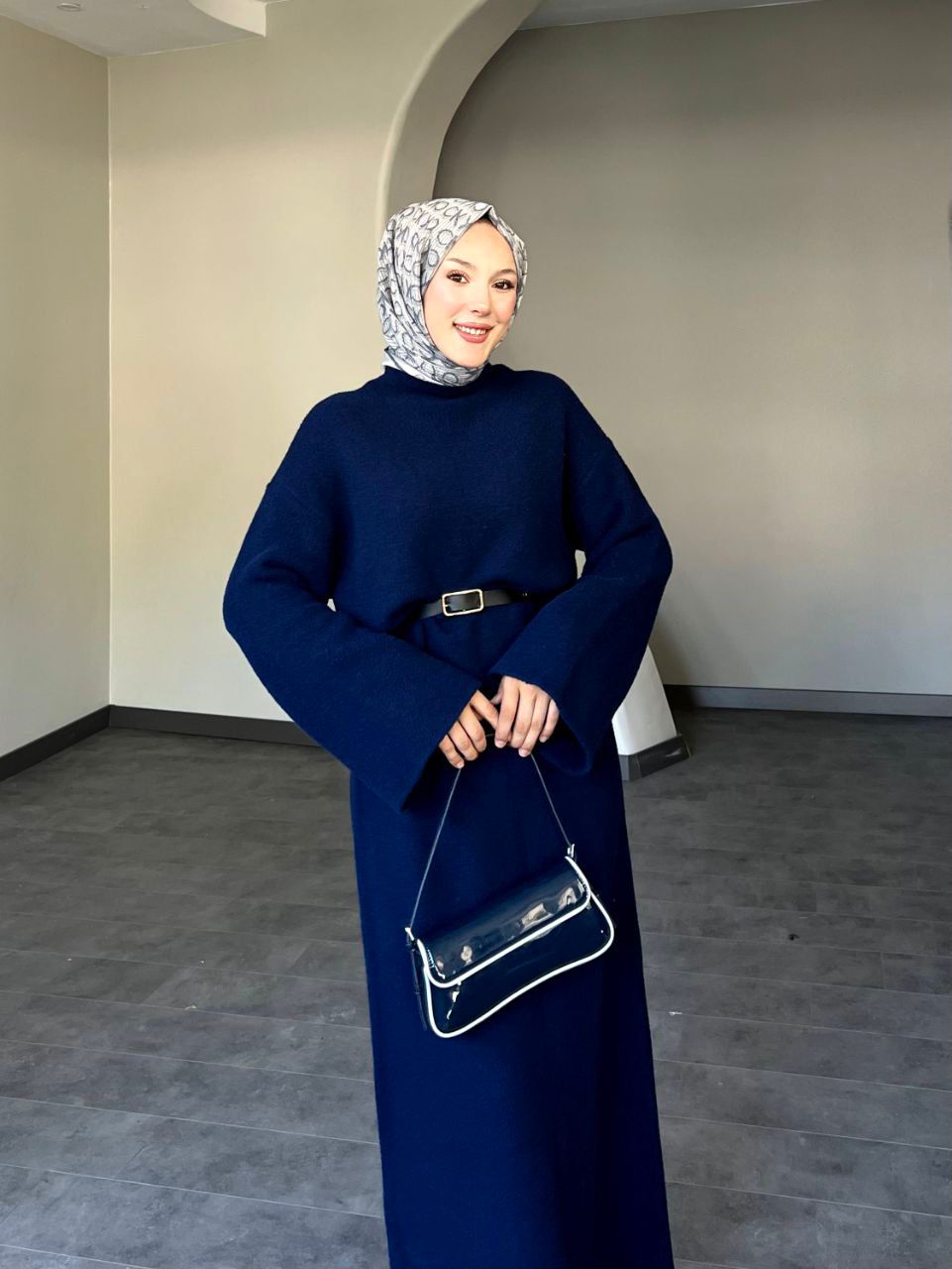 Kemerli Angora Elbise - Lacivert