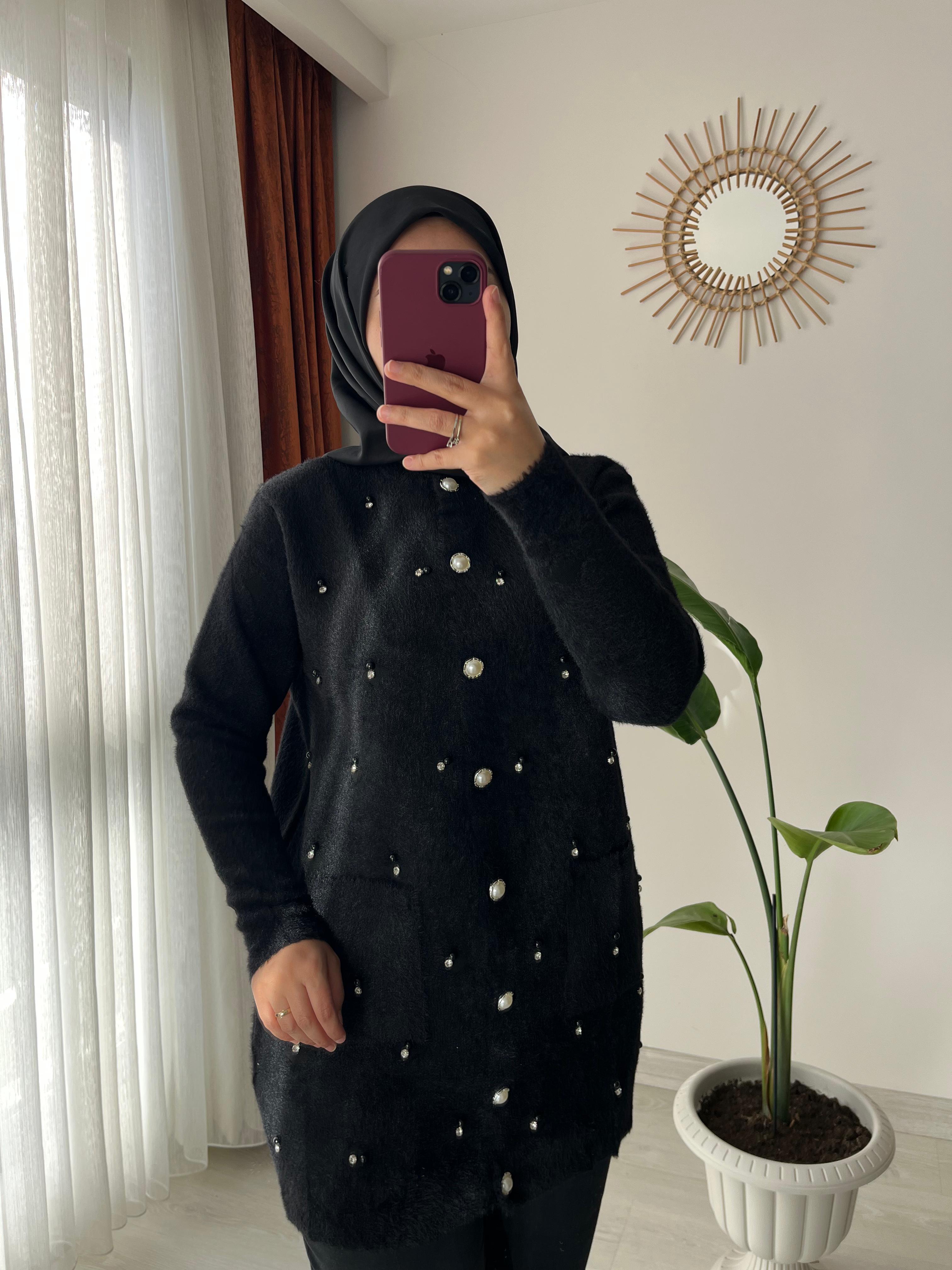 İncili ve Swarovski Taşlı Uzun Hırka