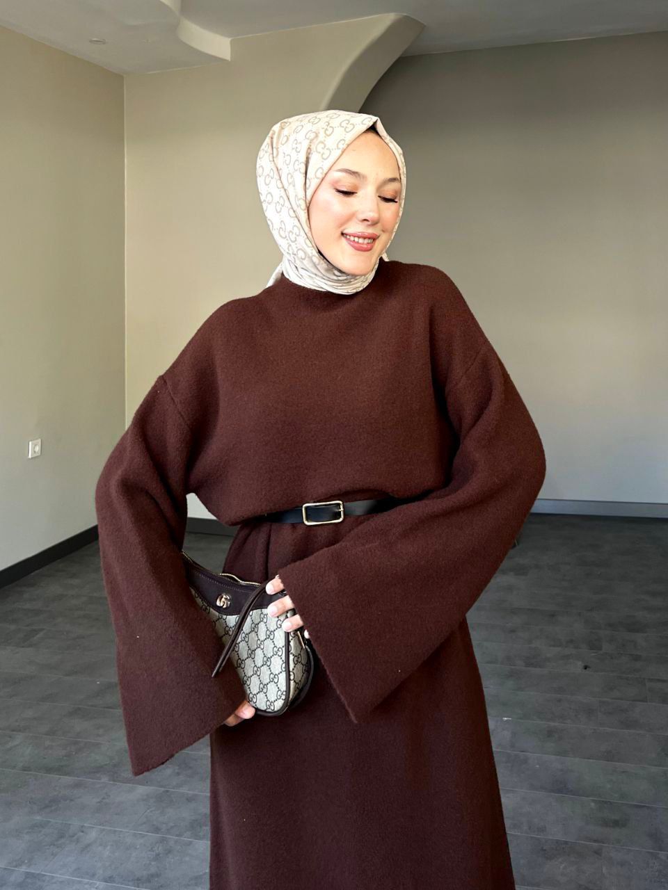 Kemerli Angora Elbise - Acı Kahve