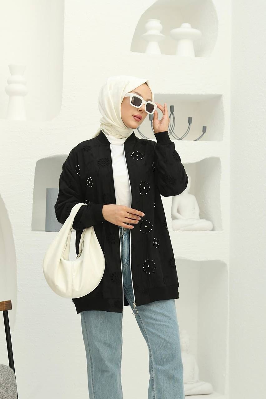 Taş İşlemeli Fermuarlı Brode Ceket  - Siyah
