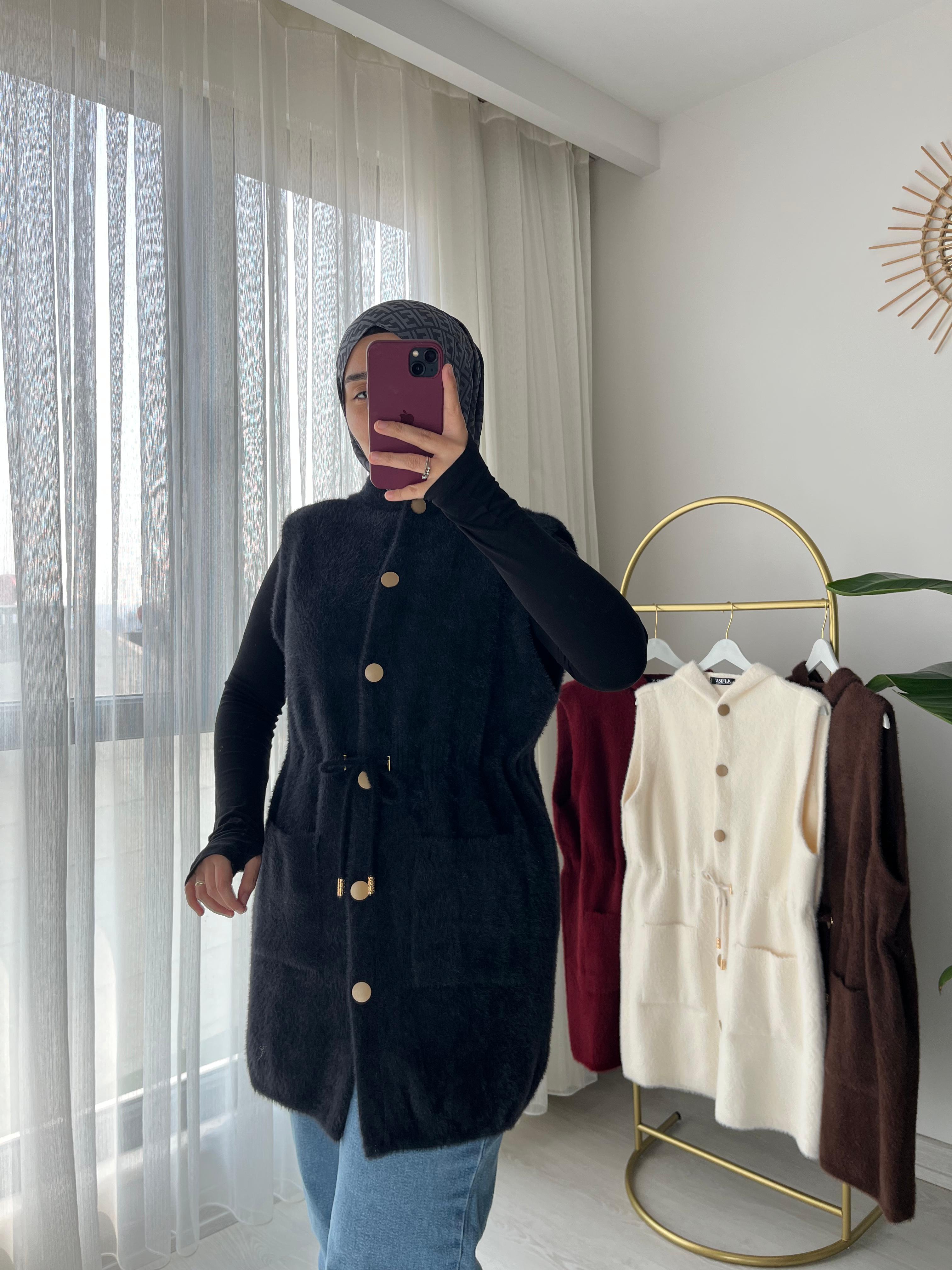 Kapüşonlu Beli Ayarlanabilir Desenli Angora Yelek