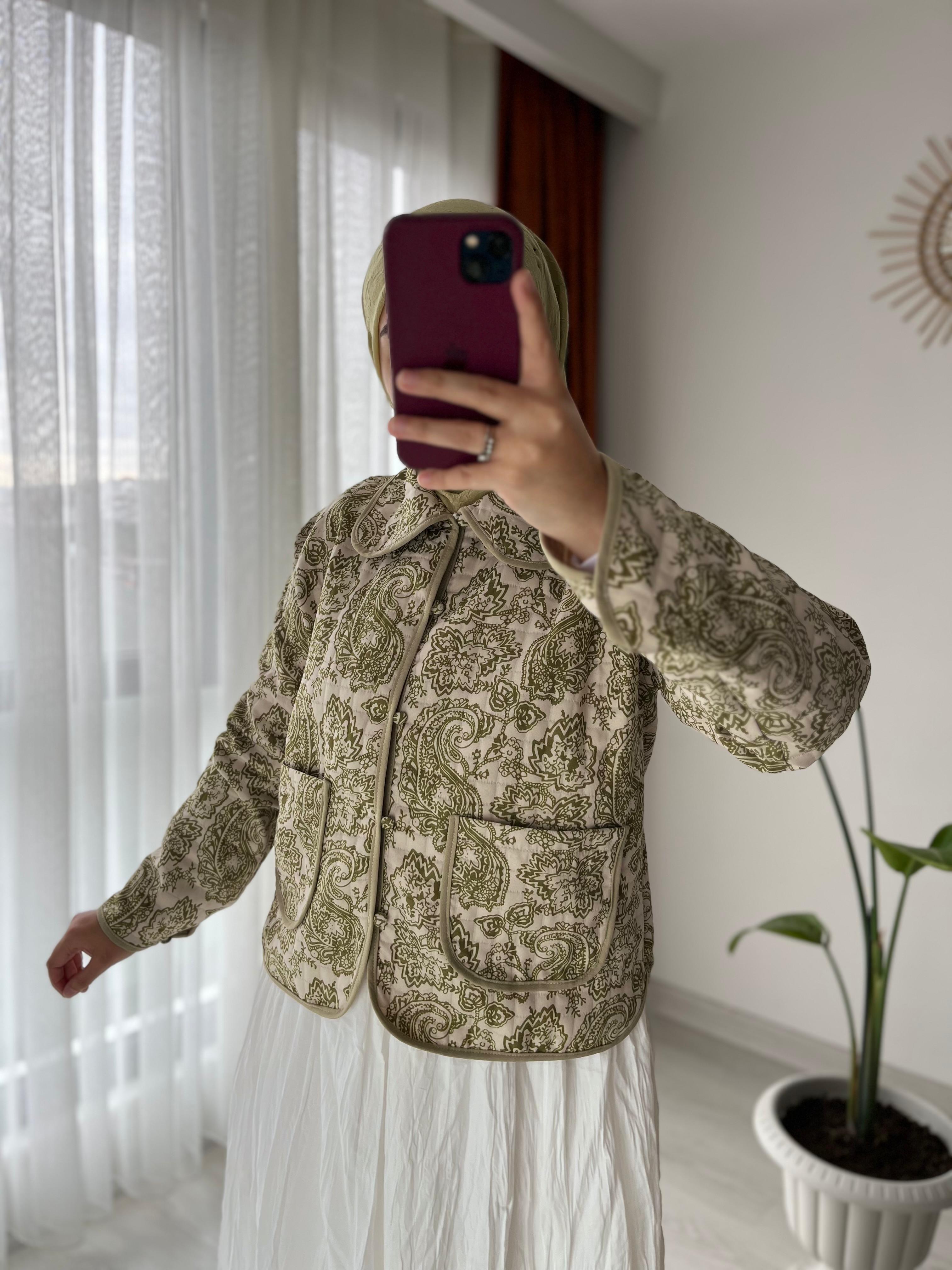 Bebe Yaka Etnik Desen Kapitone Ceket - Yeşil