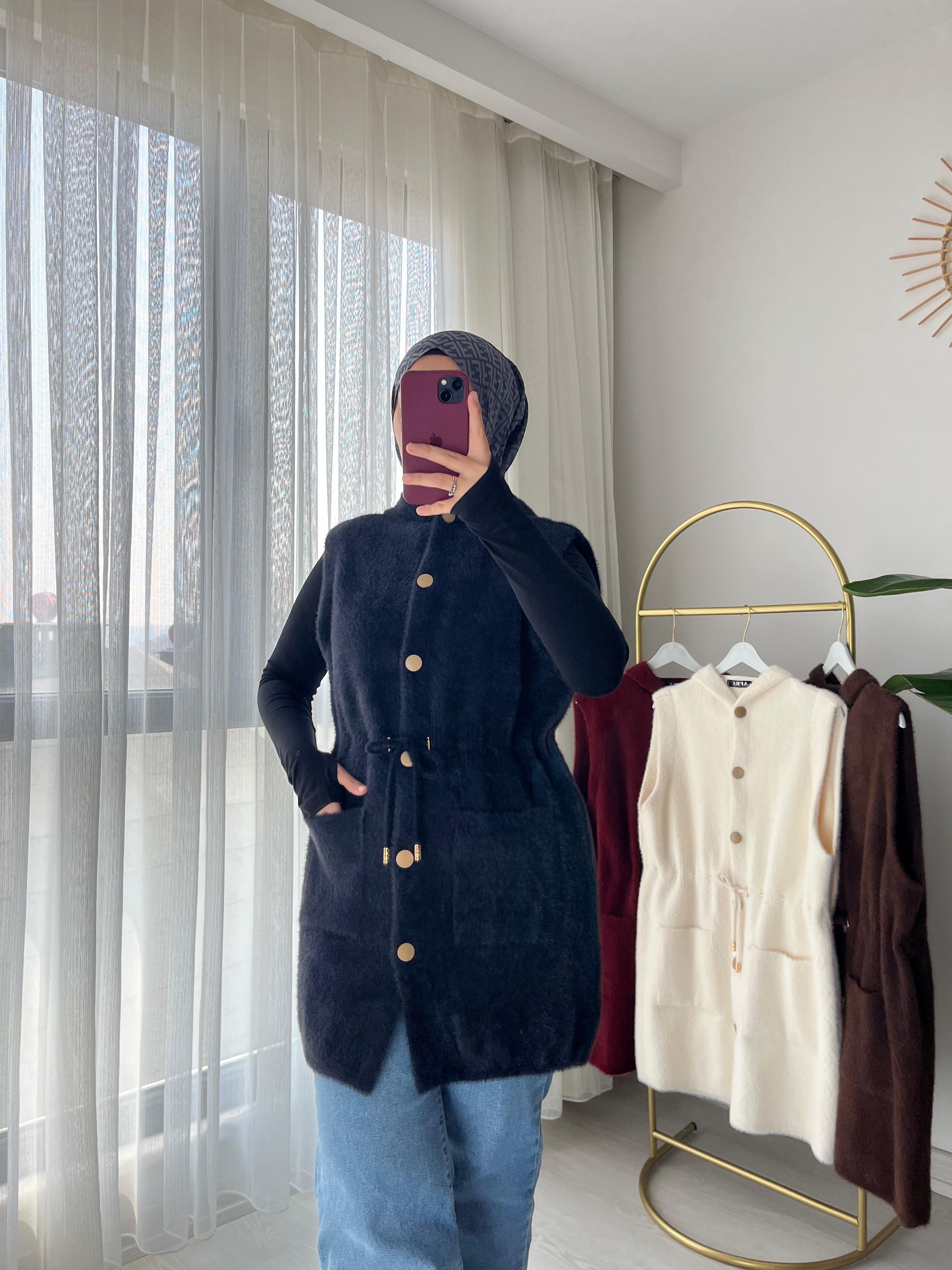 Kapüşonlu Beli Ayarlanabilir Desenli Angora Yelek