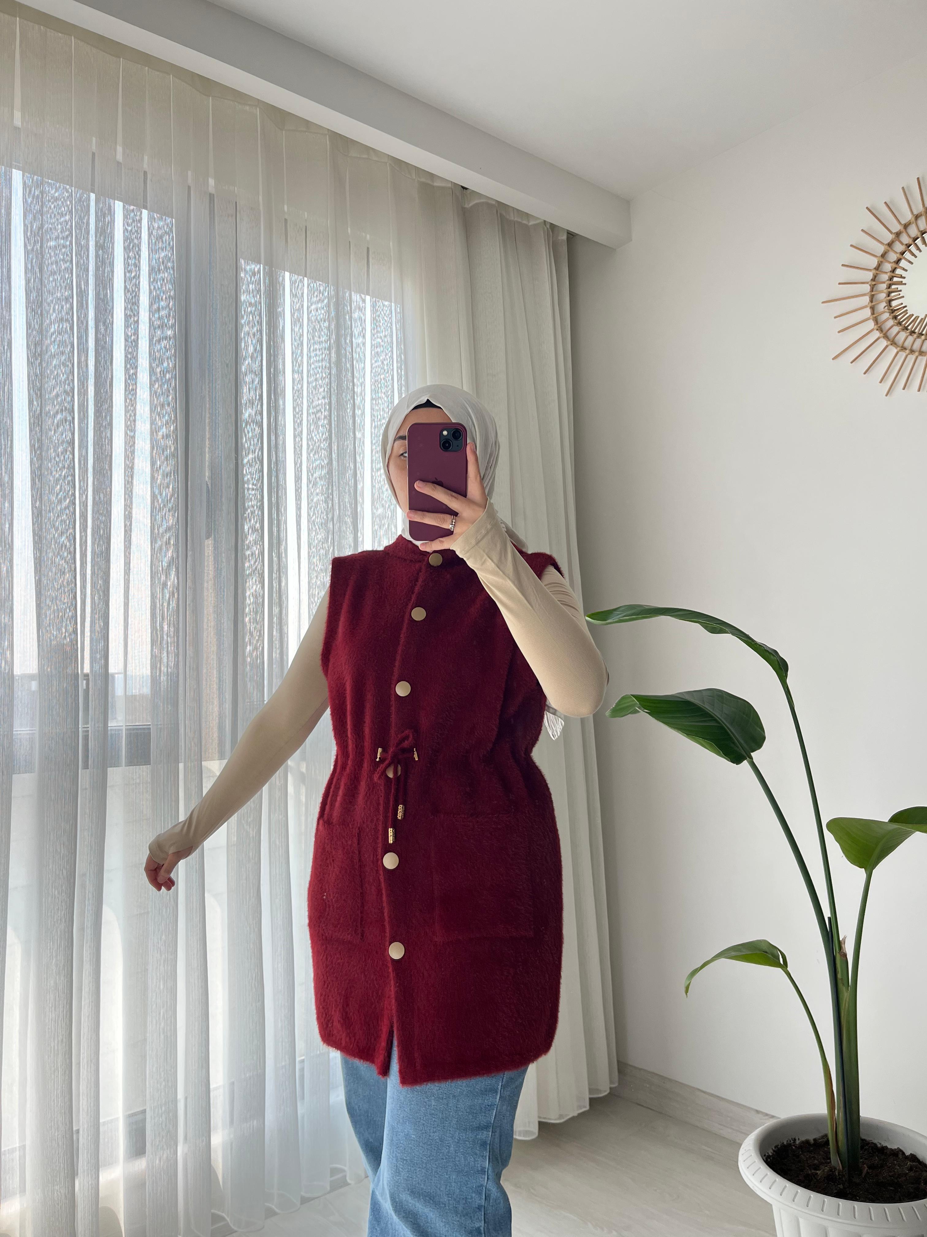 Kapüşonlu Beli Ayarlanabilir Desenli Angora Yelek - Bordo