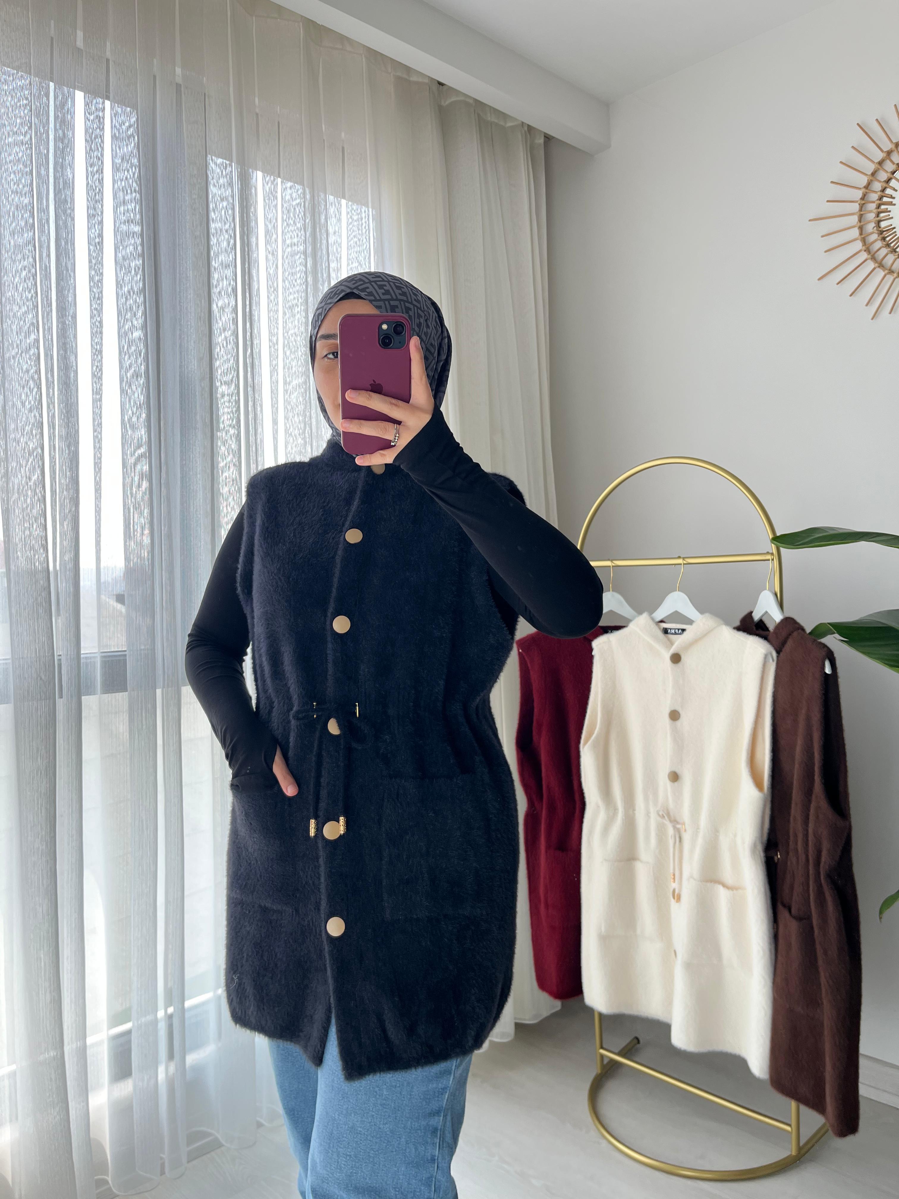 Kapüşonlu Beli Ayarlanabilir Desenli Angora Yelek