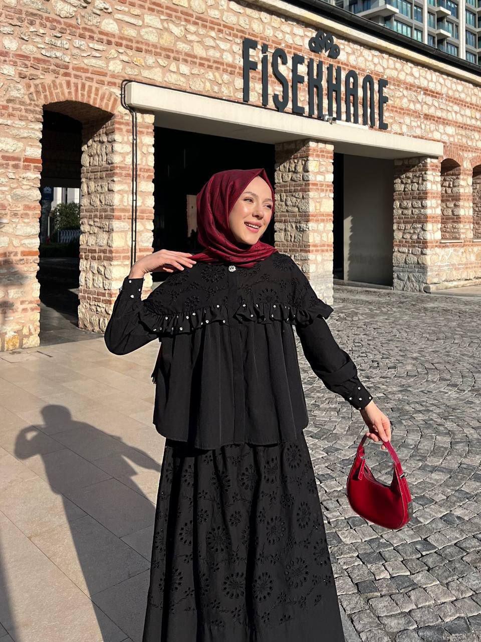 Fırfır ve Taş Detaylı Brode Etekli Gömlek Takım - Siyah