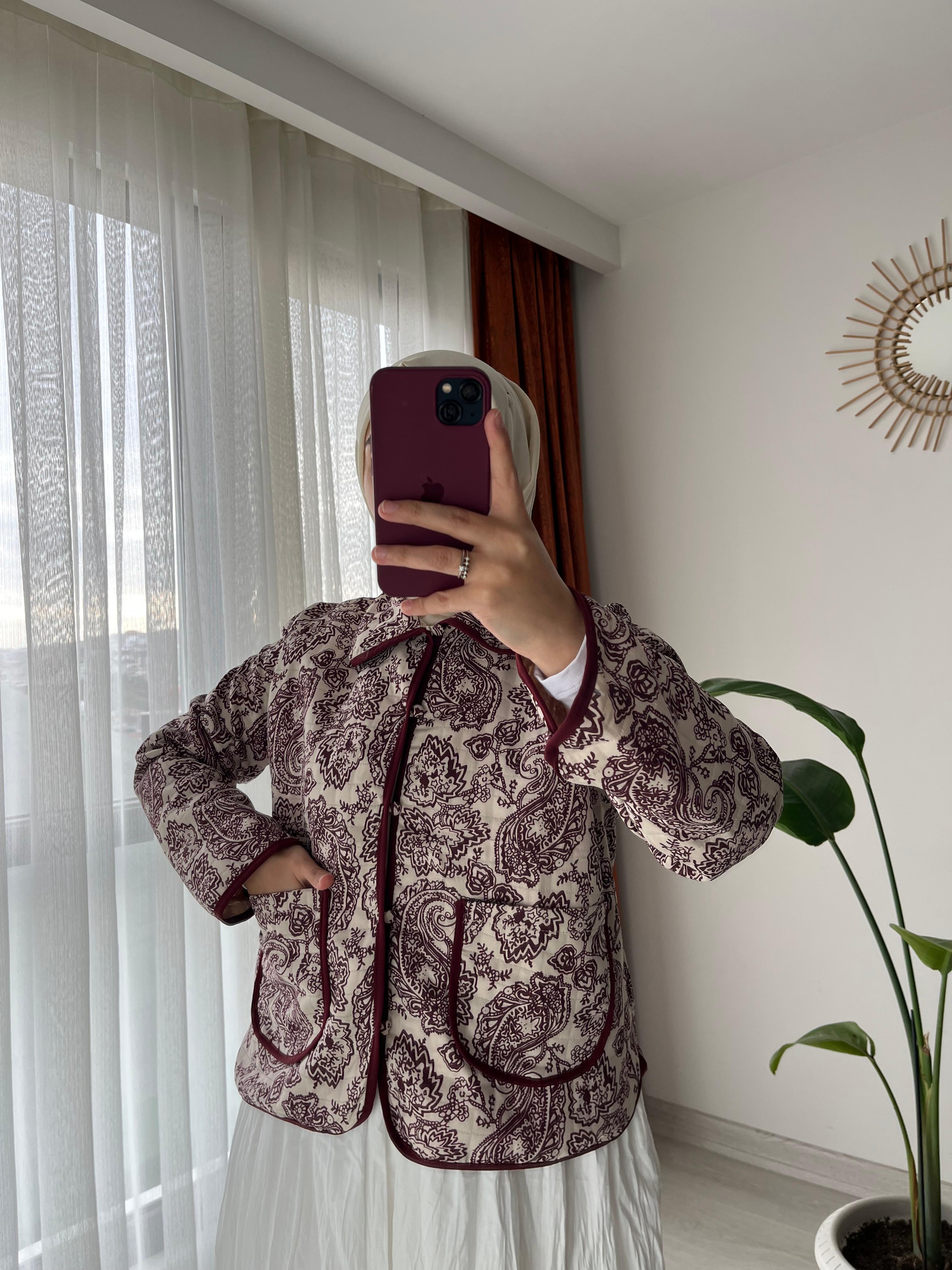 Bebe Yaka Etnik Desen Kapitone Ceket - Bordo