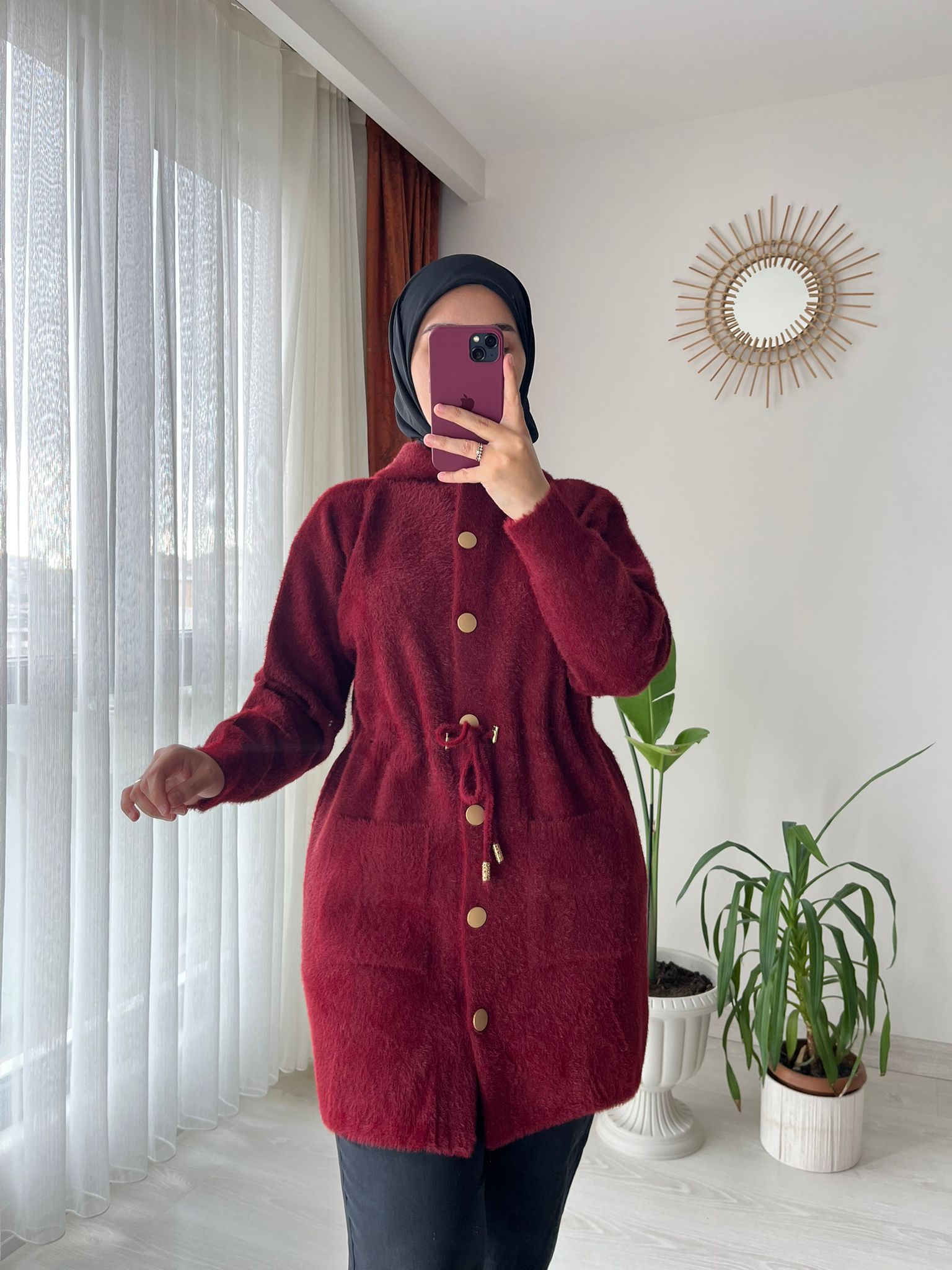 Beli Ayarlanabilir Kapüşonlu Ve Cepli Angora Hırka - Bordo